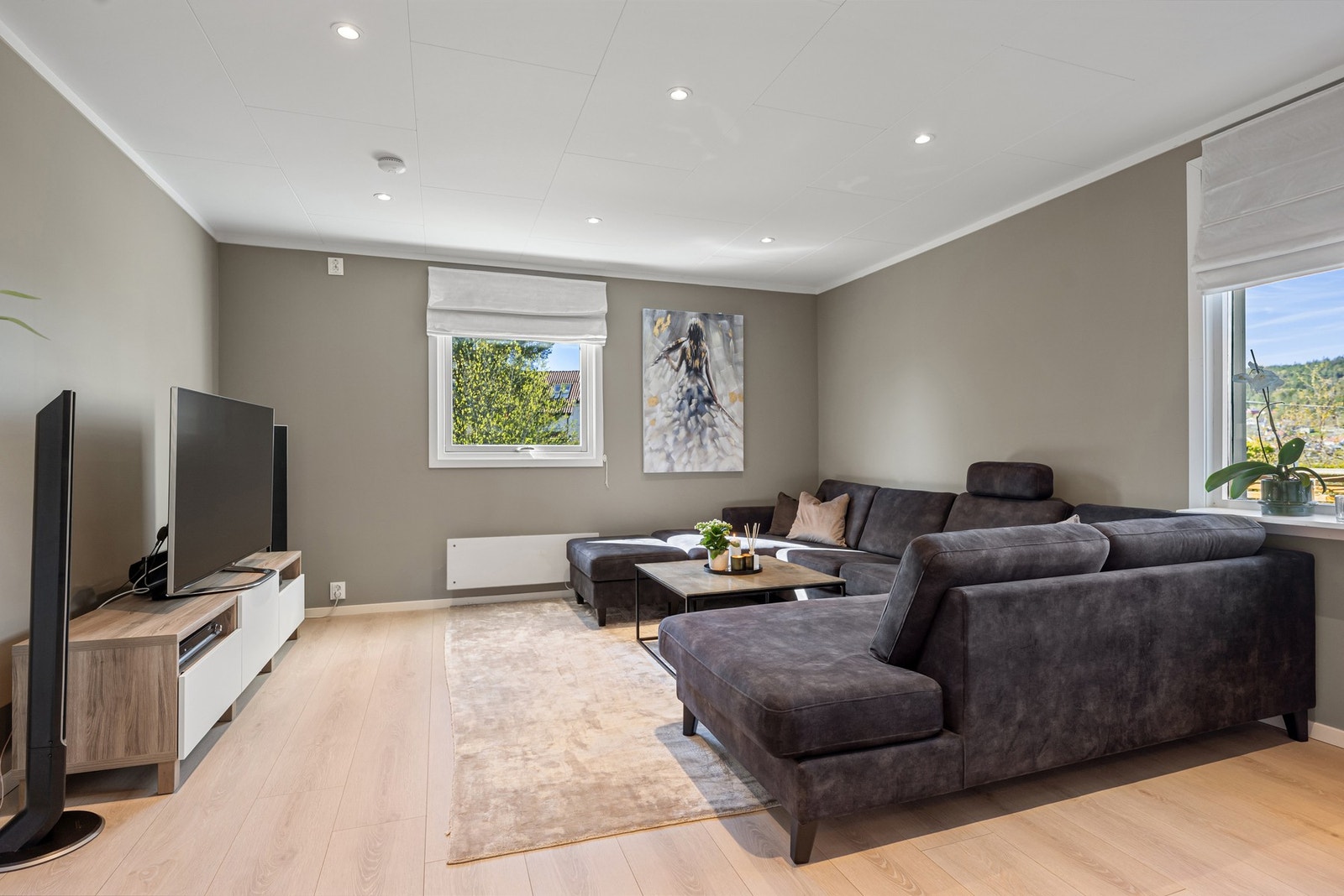 Romslig stue med god plass til stor sofagruppe. Nøytrale farger og downlights gir en avslappet atmosfære. Galleribilde