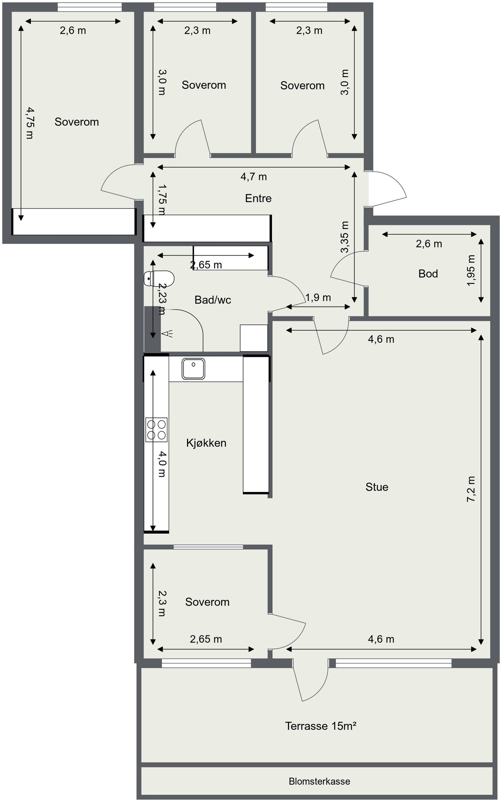 Innhold: Entré, bod, bad/wc, 4 soverom, kjøkken og stue. Galleribilde