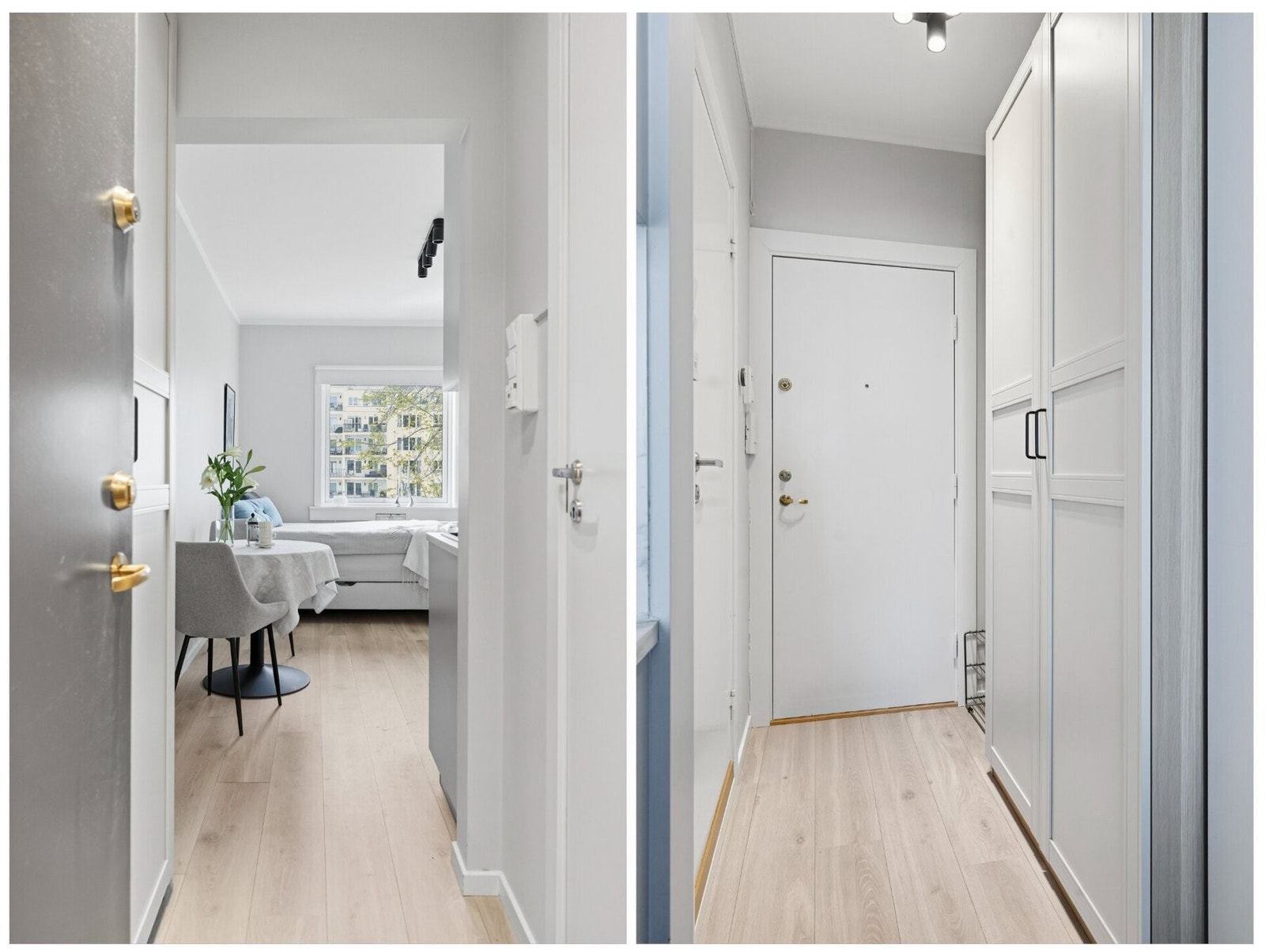 Velkommen inn! Entréen er innredet med garderobeskap som gir en praktisk løsning for oppbevaring av yttertøy og sko, og bidrar til et ryddig og funksjonelt inngangsparti. Galleribilde