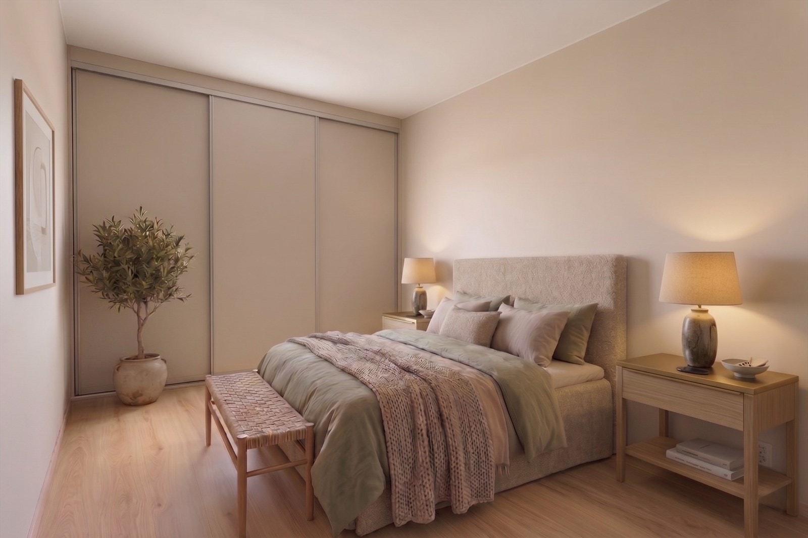 Stort hovedsoverom på ca. 10,5 kvm. God himlingshøyde. Bildet er laget m/KI. Avvik vil forekomme. Skyvedørsgarderobe medfølger ikke. Galleribilde