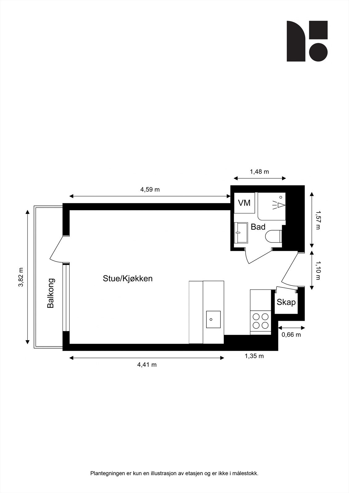 Plantegning. Leiligheten disponerer en kjellerbod på ca. 2 m². Galleribilde