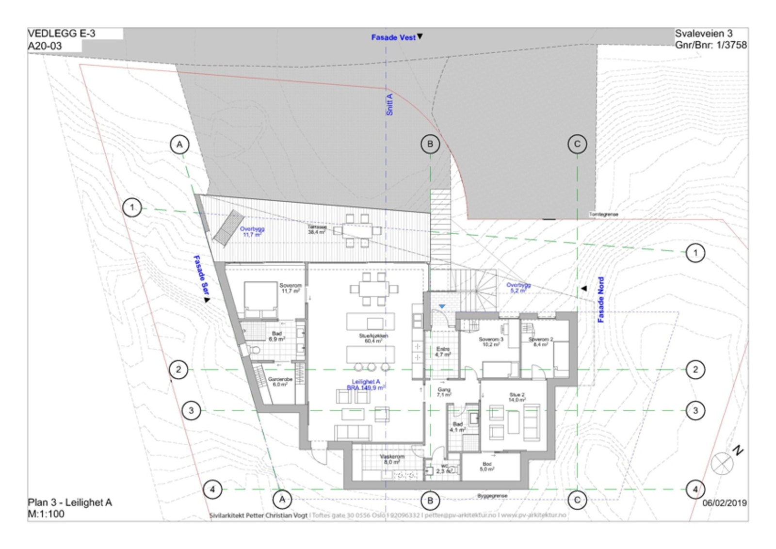 Plan 3 - Leilighet A. Illustrasjon fra rammesøknad, som ikke ble ferdigstilt Galleribilde