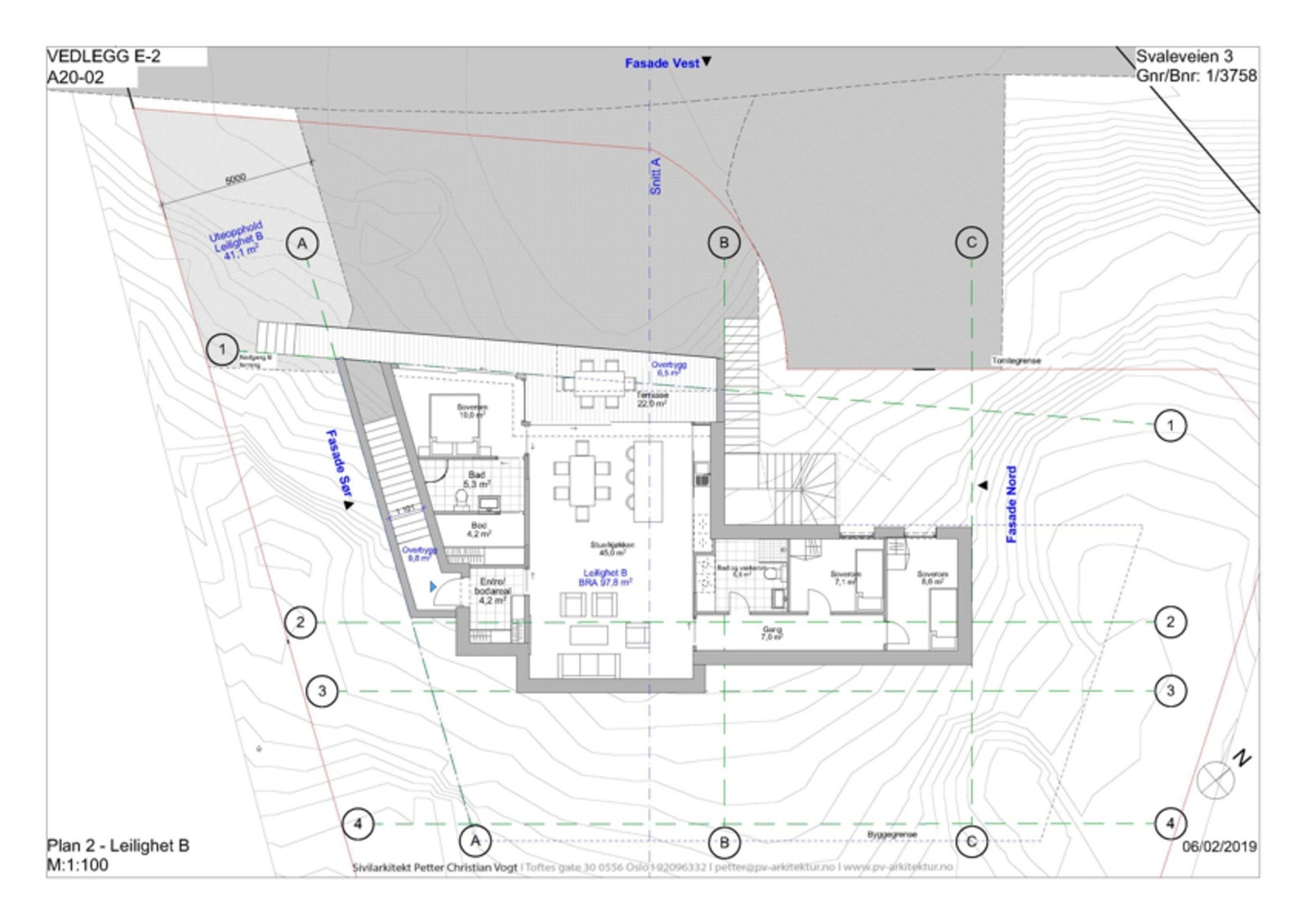 Plan 2 - Leilighet B. Illustrasjon fra rammesøknad, som ikke ble ferdigstilt Galleribilde