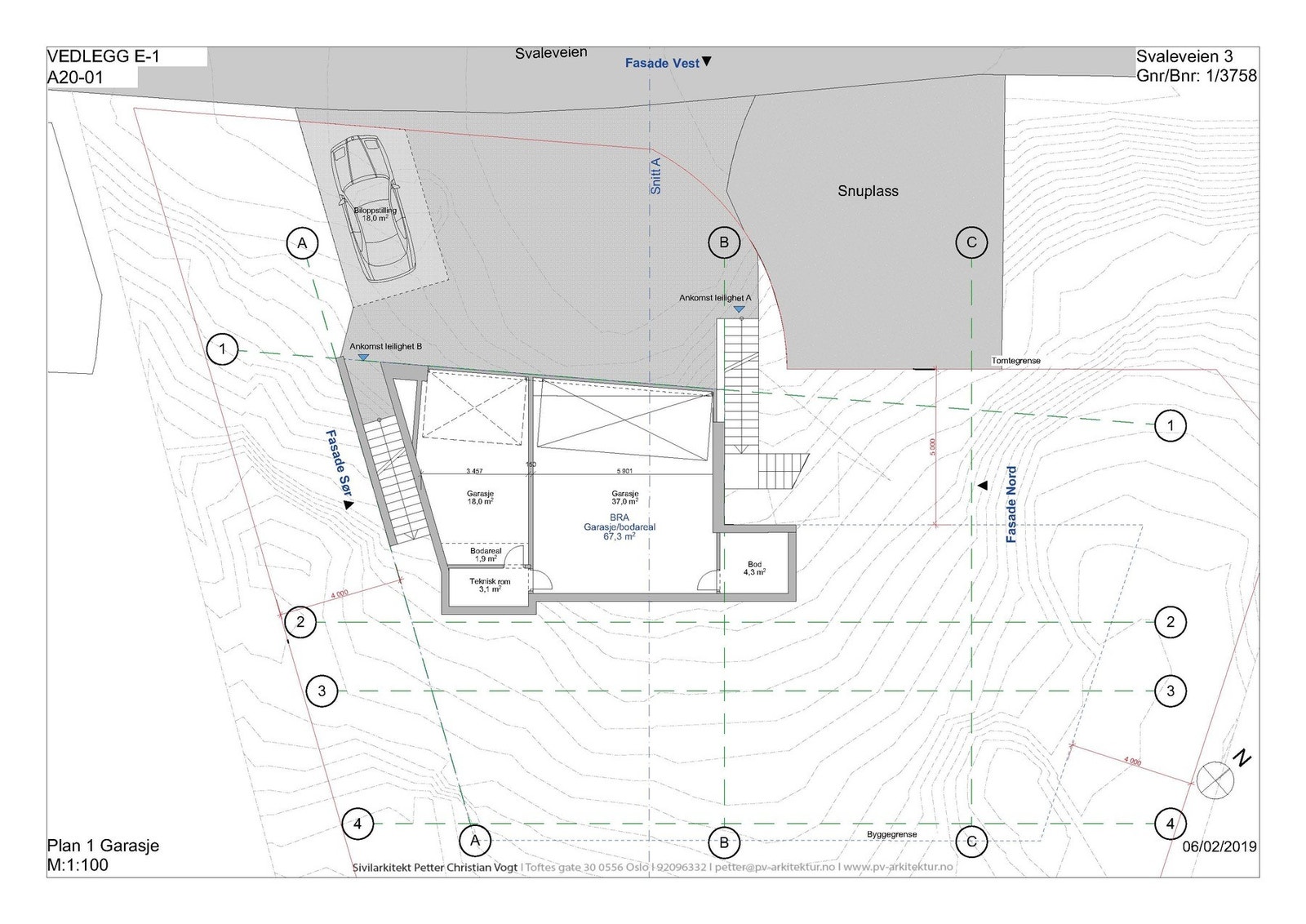 Plan 1 - Garasje. Illustrasjon fra rammesøknad, som ikke ble ferdigstilt Galleribilde