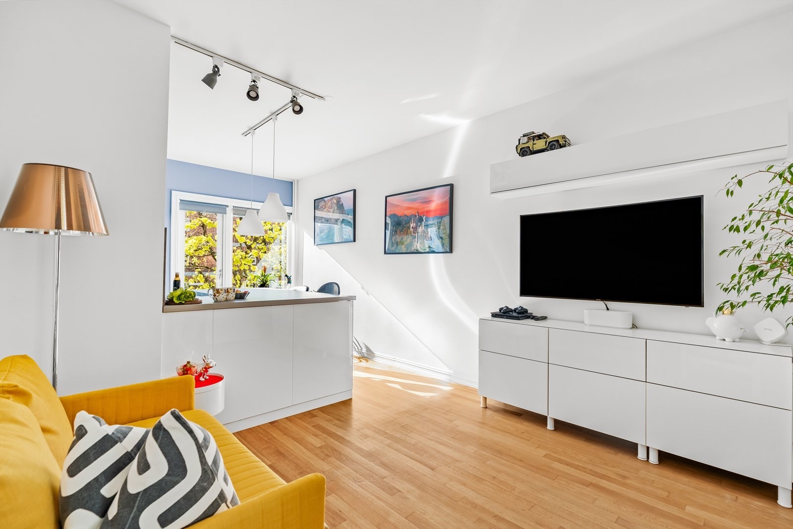 Stuen er i åpen løsning mot kjøkkenet. Det er plass til sovesofa, tv-møbel og spiseplass. Galleribilde