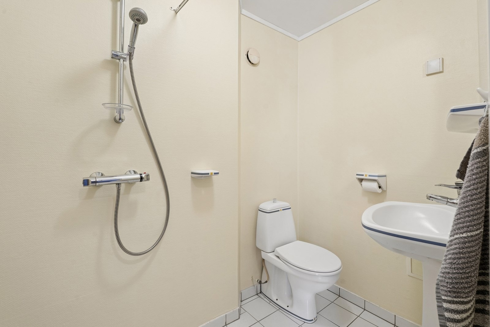 Det er et eldre bad i underetasjen, utstyrt med dusj, toalett og søyleservant. Badet bør oppgraderes. Galleribilde