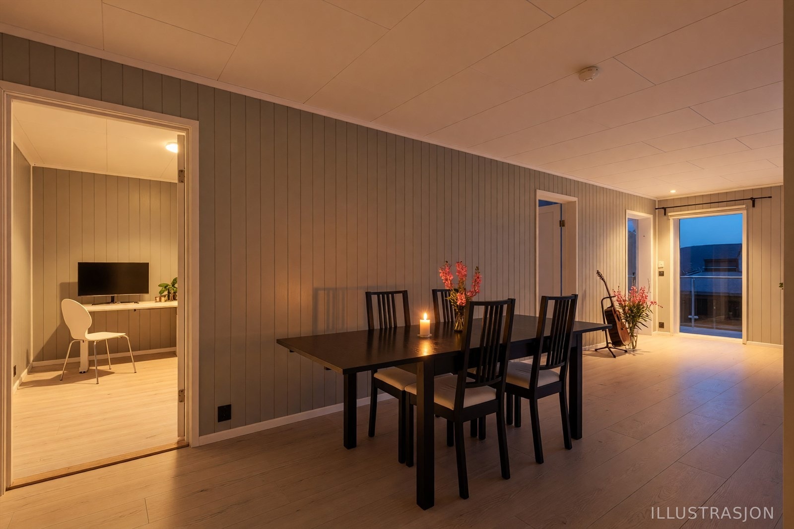 Gjennomgående planløsning med spisestue som et naturlig samlingspunkt mellom stue og kjøkken. (AI-generert kveldsstemning). Galleribilde