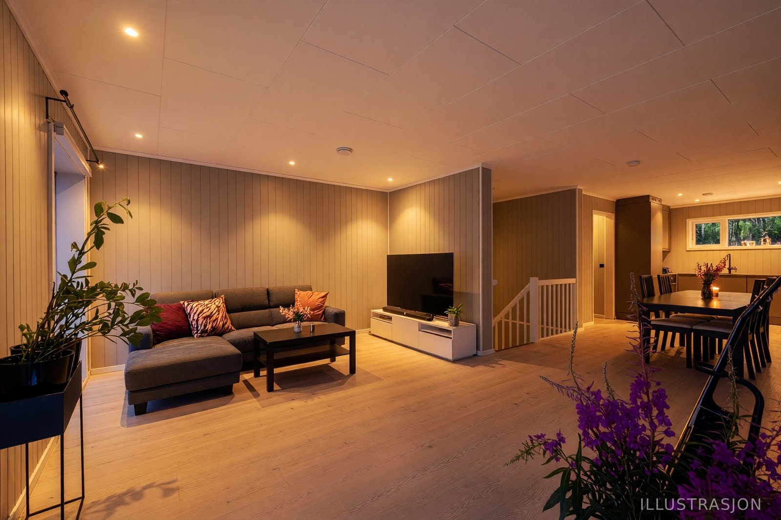Moderne farger og materialvalg i boligen som er gjennomgående, med vinduer på tre sider (AI-generert kveldsstemning). Galleribilde