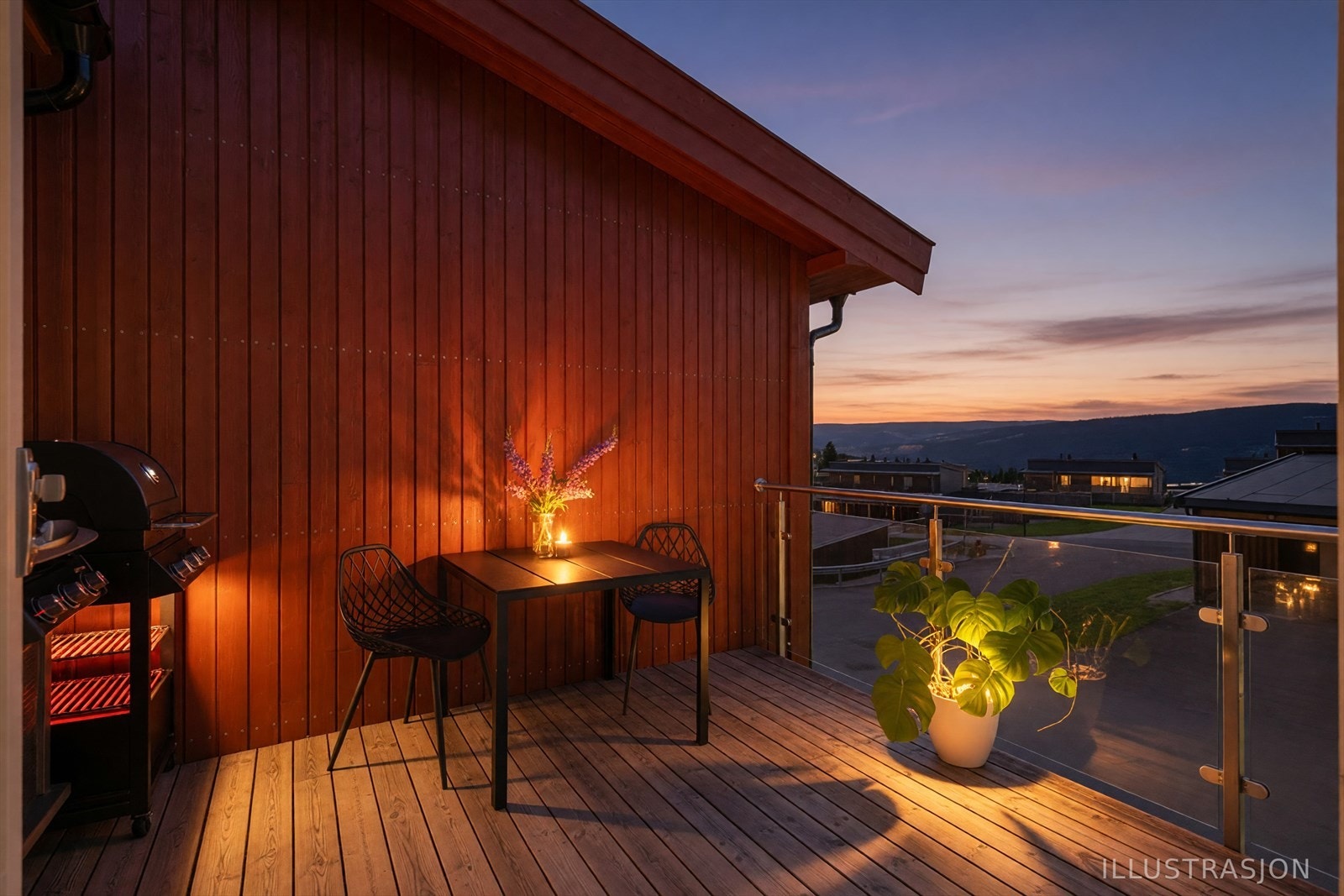 Terrassen er perfekt for lange sommerkvelder. (AI-generert kveldsstemning og utebelysning). Galleribilde