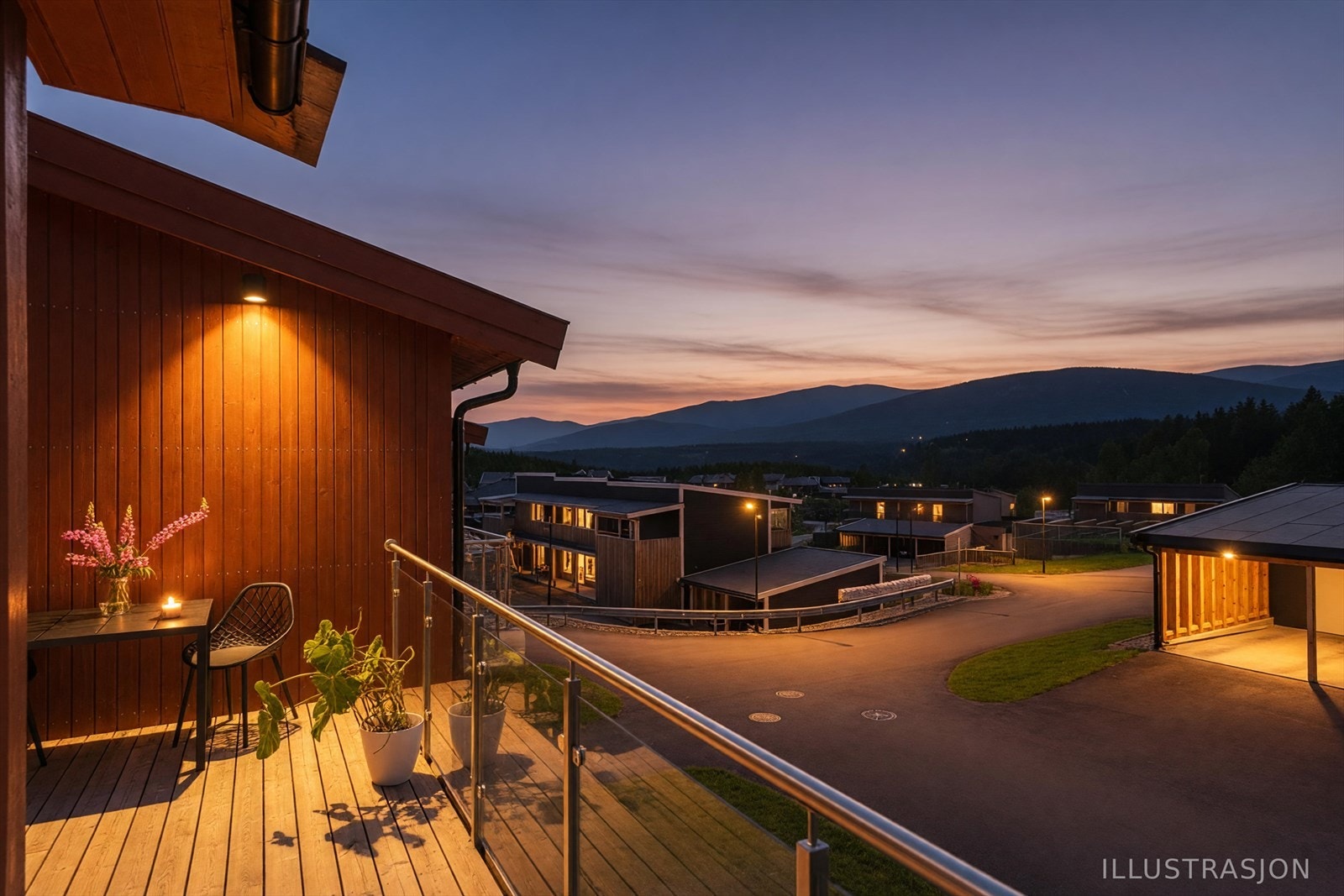 Attraktiv beliggenhet i barnevennlig område i Søre Ål. (AI-generert kveldsstemning og utebelysning). Galleribilde