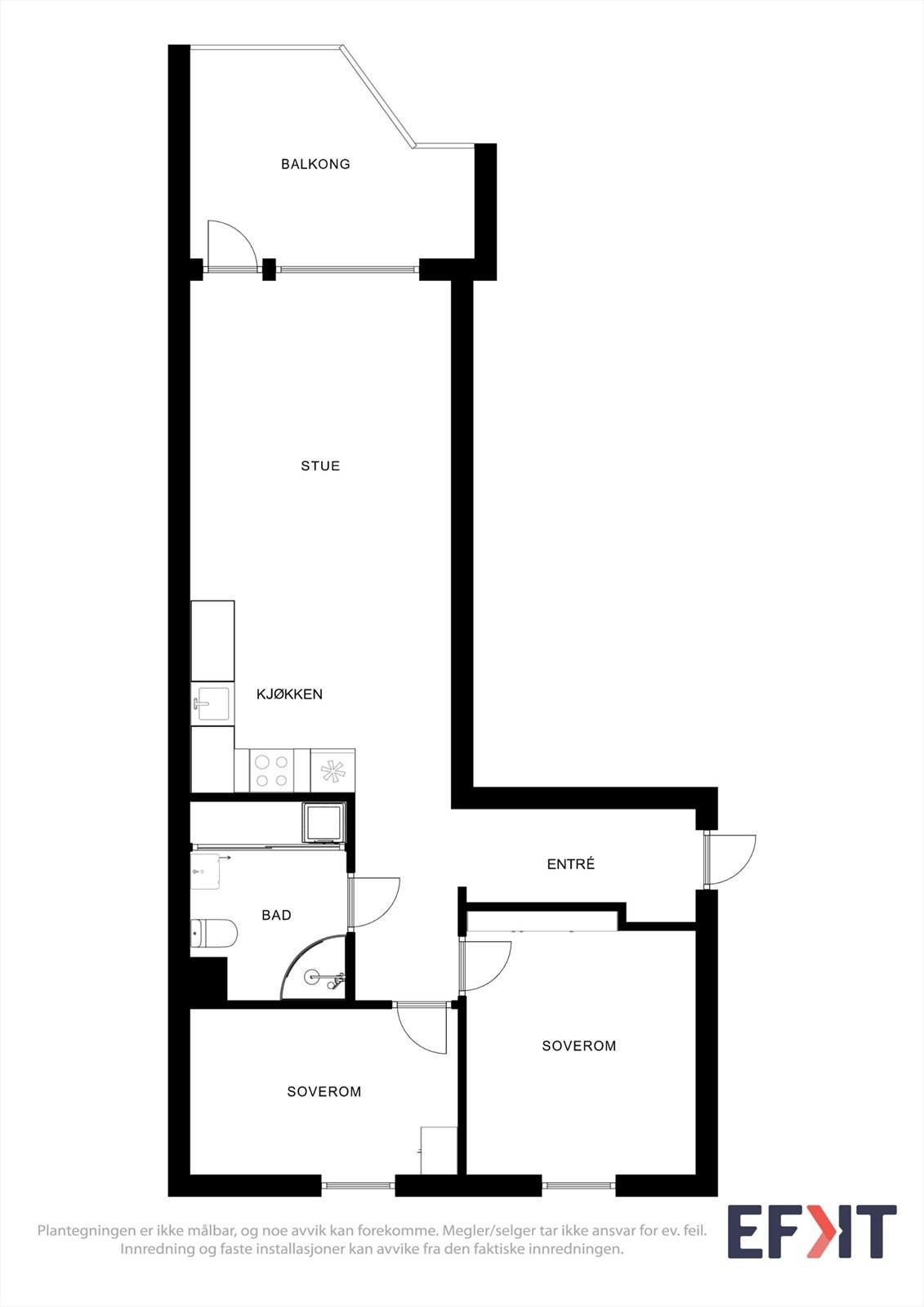 Leiligheten har en effektiv planløsning på 63 m² som fordeler seg på entré, stue, kjøkken, bad og to soverom. Galleribilde