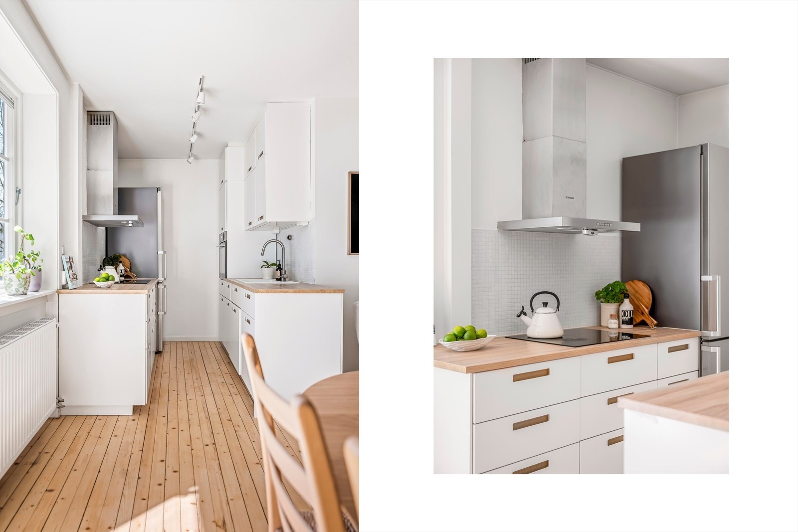 Det er innredning på begge sider av rommet, med glatte fronter og en benkeplate i laminat med mosaikkfliser på veggen over. Galleribilde