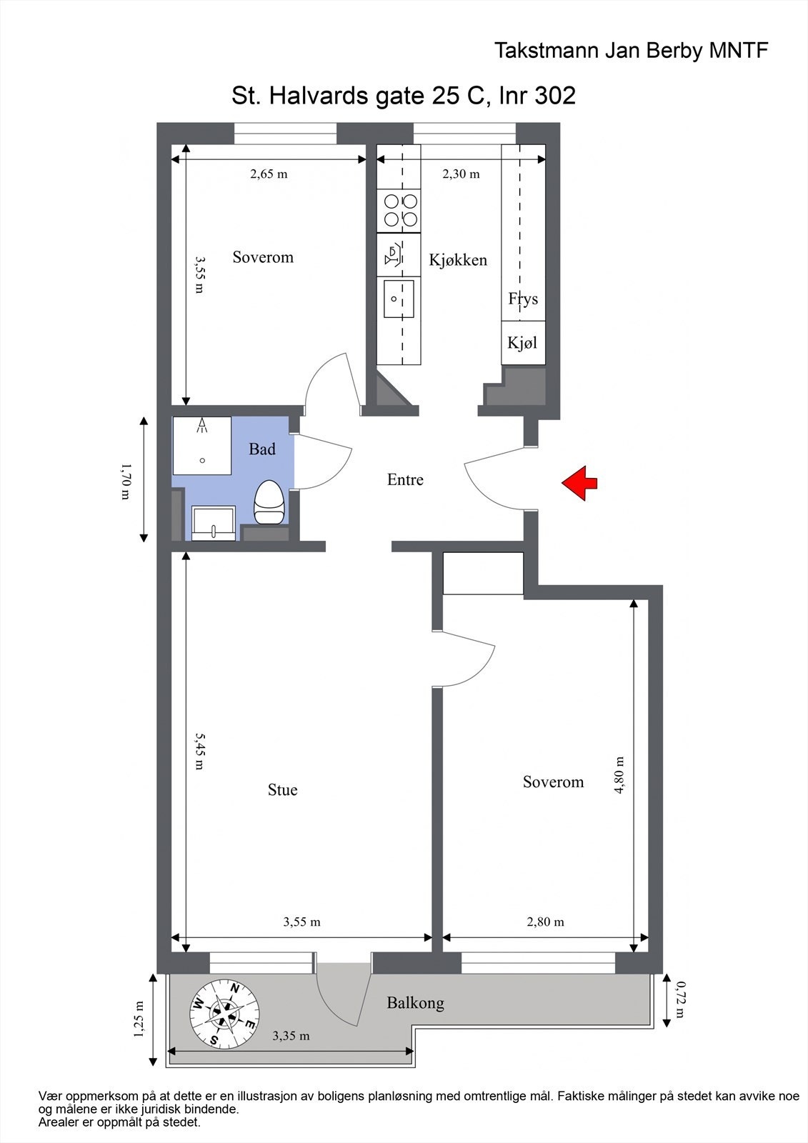 Plantegning. I tillegg disponerer leiligheten to kjellerboder på 2,1 og 2,3 m². Galleribilde