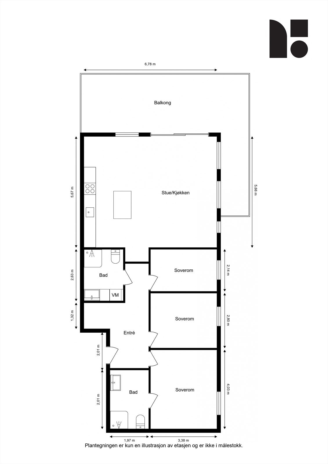 Plantegning. I tillegg disponerer leiligheten en kjellerbod på ca. 5 kvm. Galleribilde