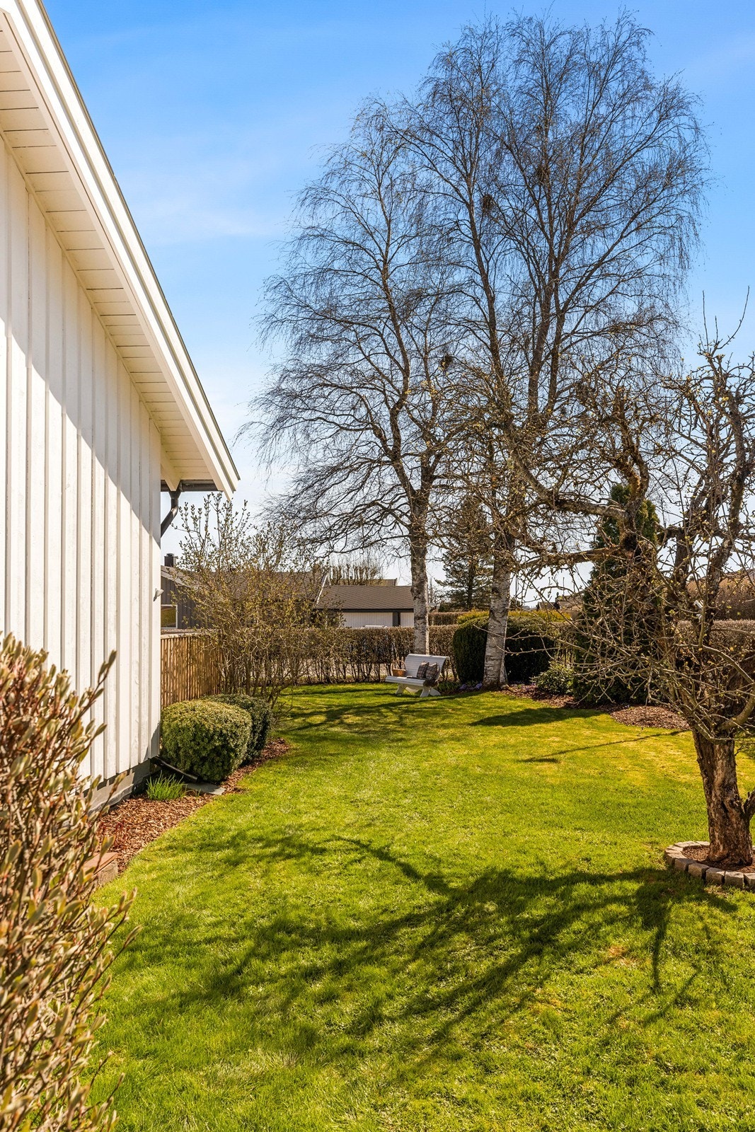 Eiet tomt på 1 081,8 m² med plenareal, hekk og beplantning. Galleribilde