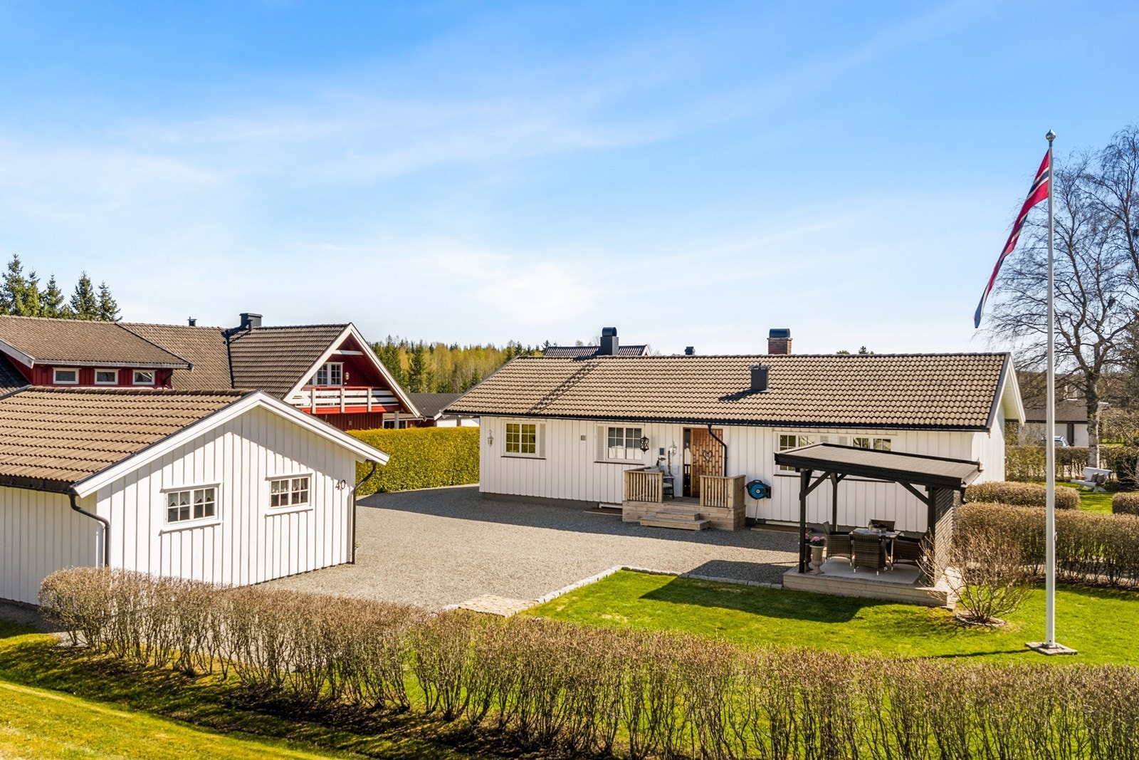 Eiet tomt på 1 081,8 m² med plen, beplantning og hekk. Galleribilde