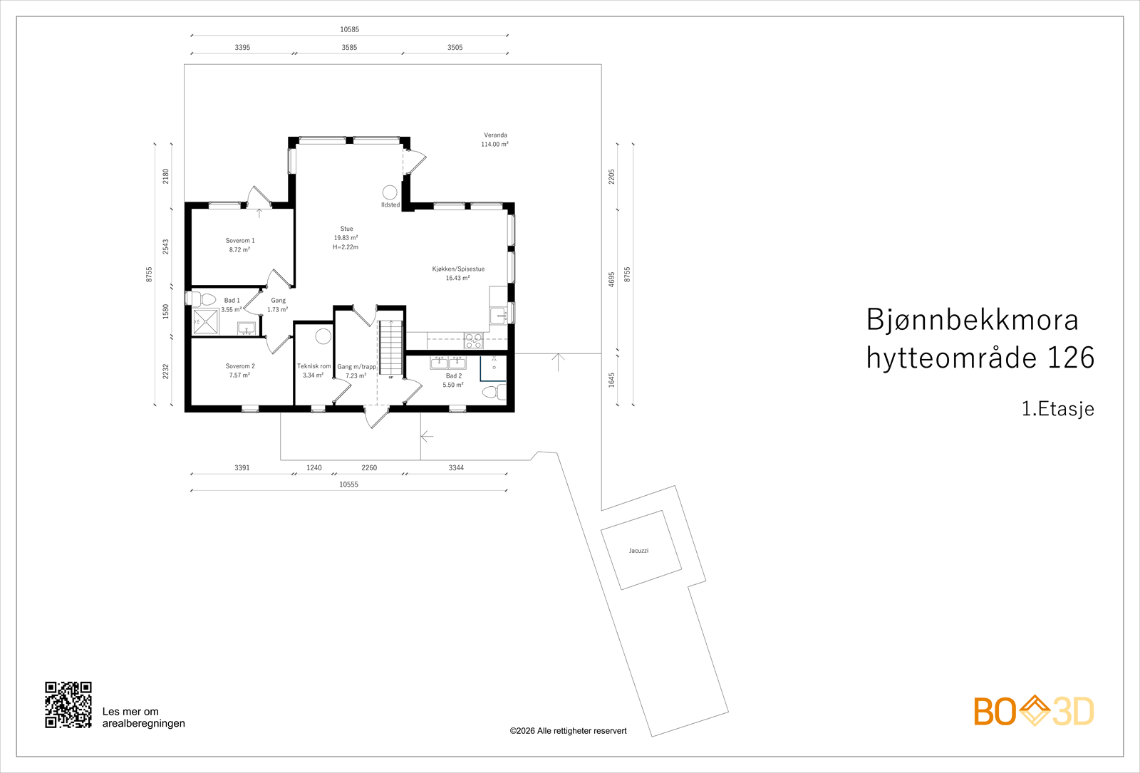 Første etasje har en arealeffektiv planløsning med åpen stue- og kjøkkenløsning, to soverom, to bad og teknisk rom. Galleribilde