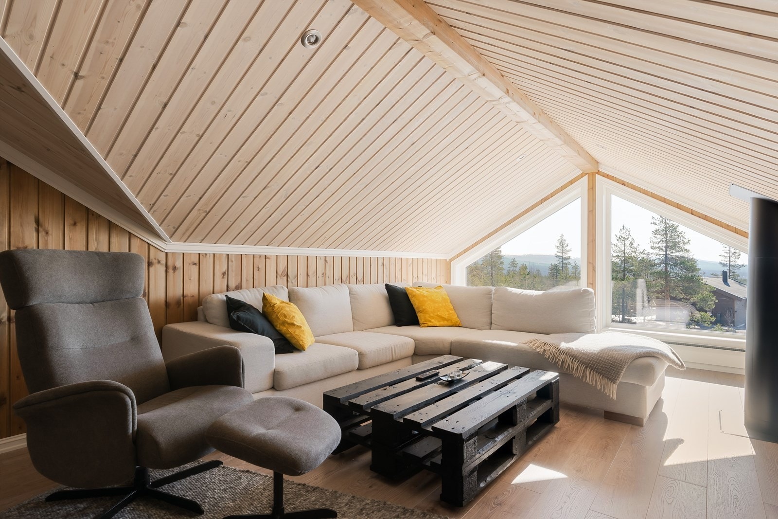 Loftstuen er et hyggelig, ekstra oppholdsrom med plass til en romslig sofagruppe. Galleribilde