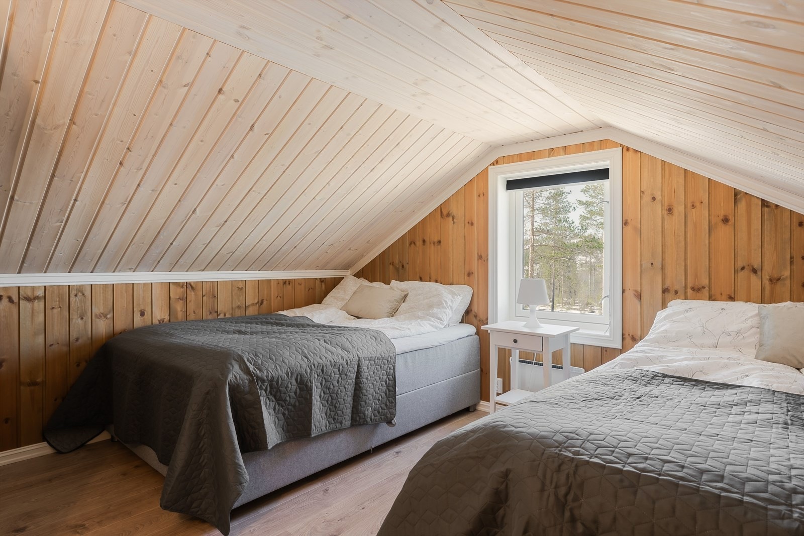 Et lunt og koselig rom med trepanel på vegger og i tak. Galleribilde