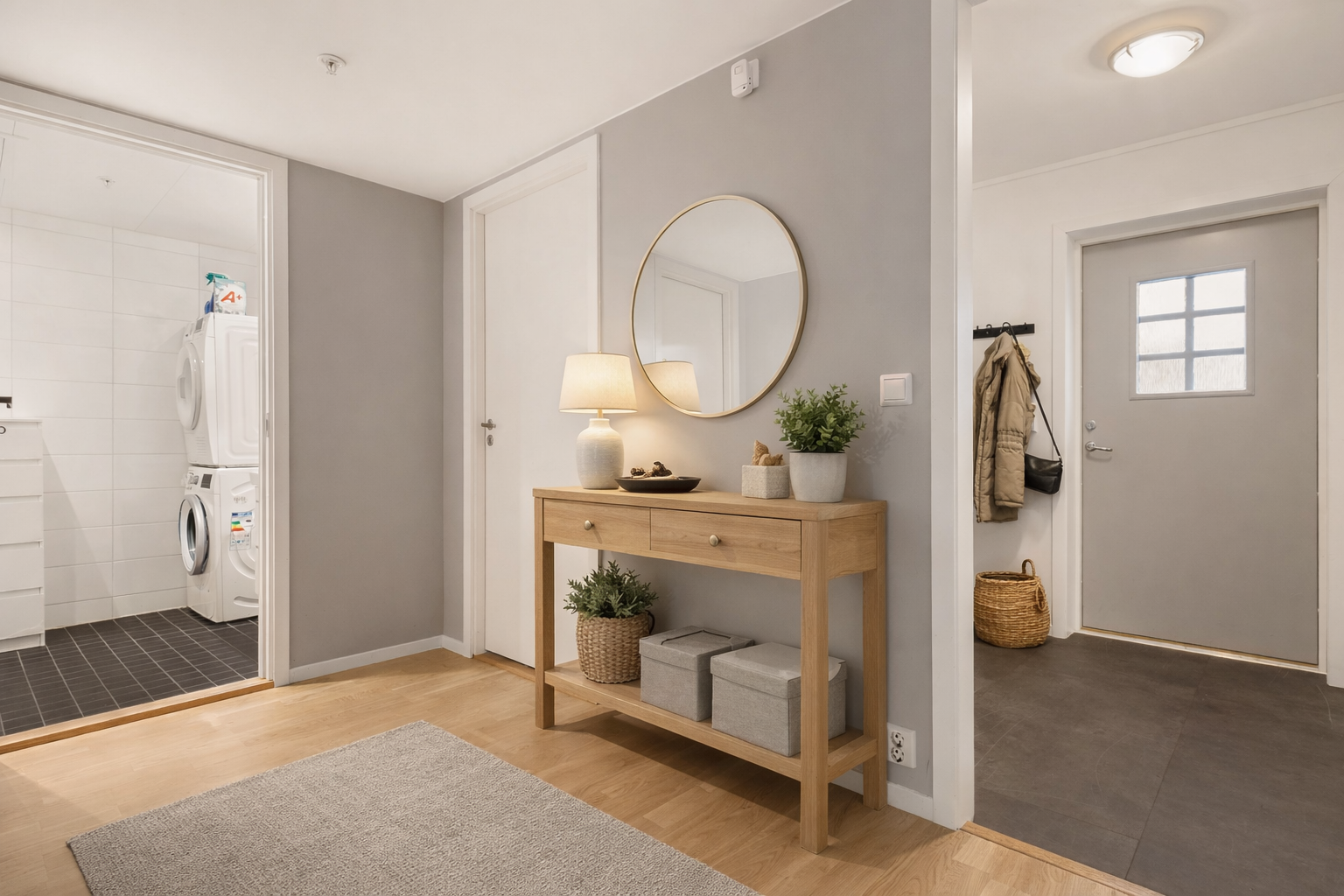 Hall. Det er oppbevaringsplass i både innvendig og utvendig bod. Bildet er innredet ved hjelp av KI-verktøy. Galleribilde