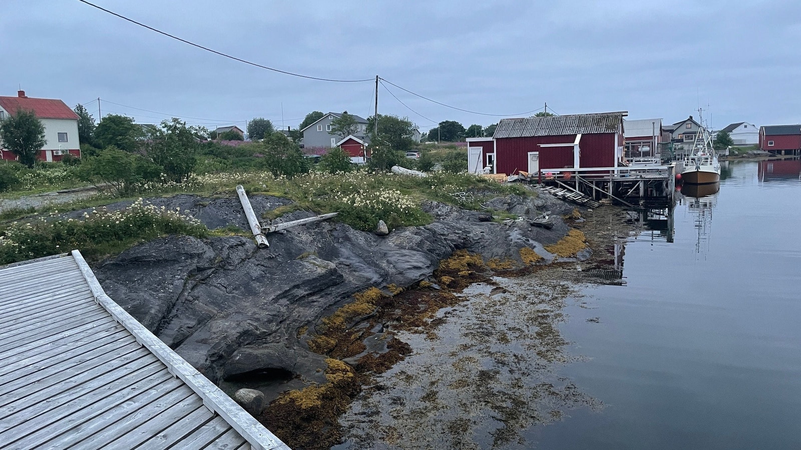 Tomten ligger inn mot den røde brygga. Det er dypt utenfor berget, og fin bunn. Bildet er tatt mot vest, på en på sommeren. Galleribilde
