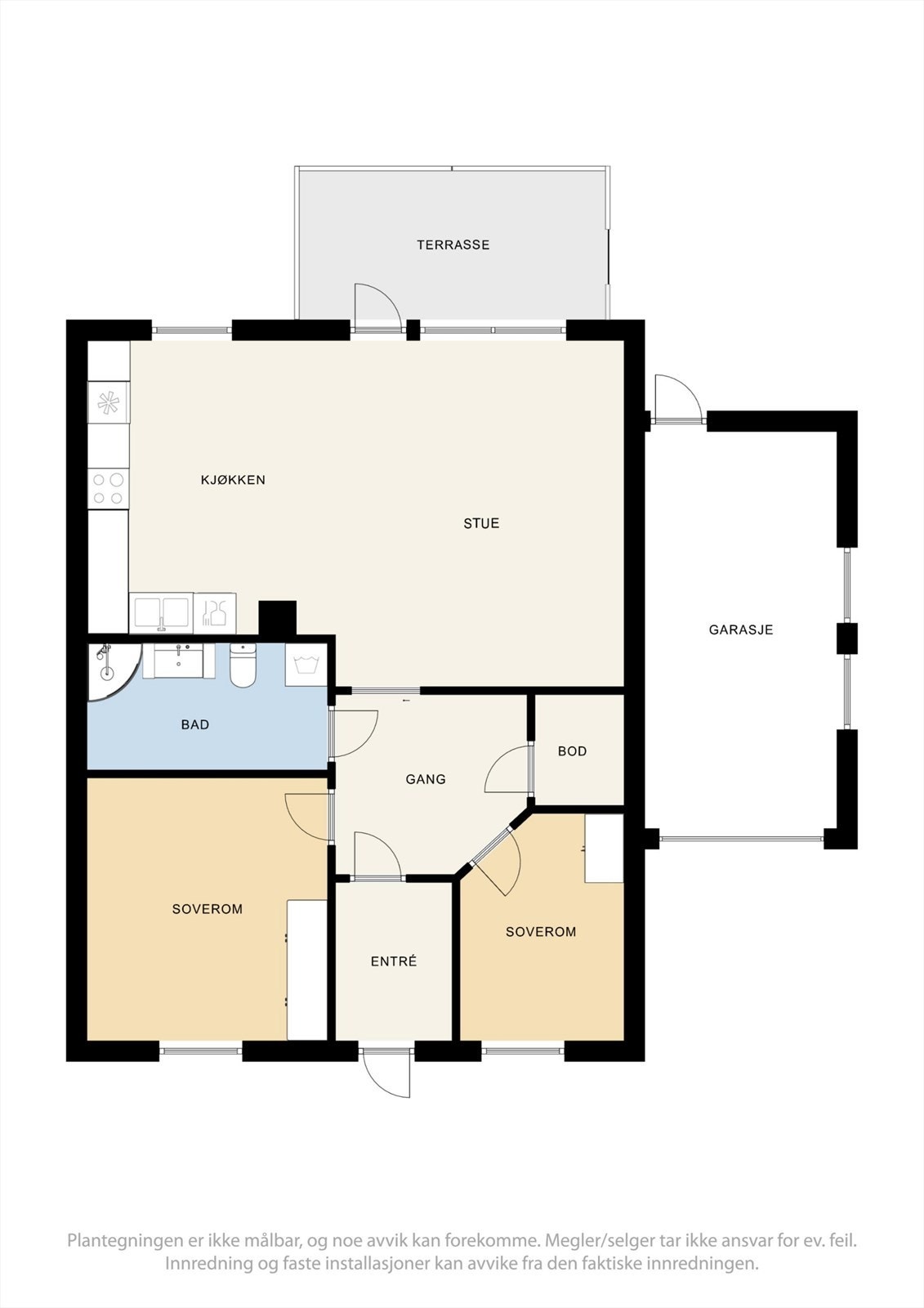Leiligheten har en effektiv planløsning med alt på ett plan, inkludert to soverom, en praktisk bod og egen garasje. Galleribilde