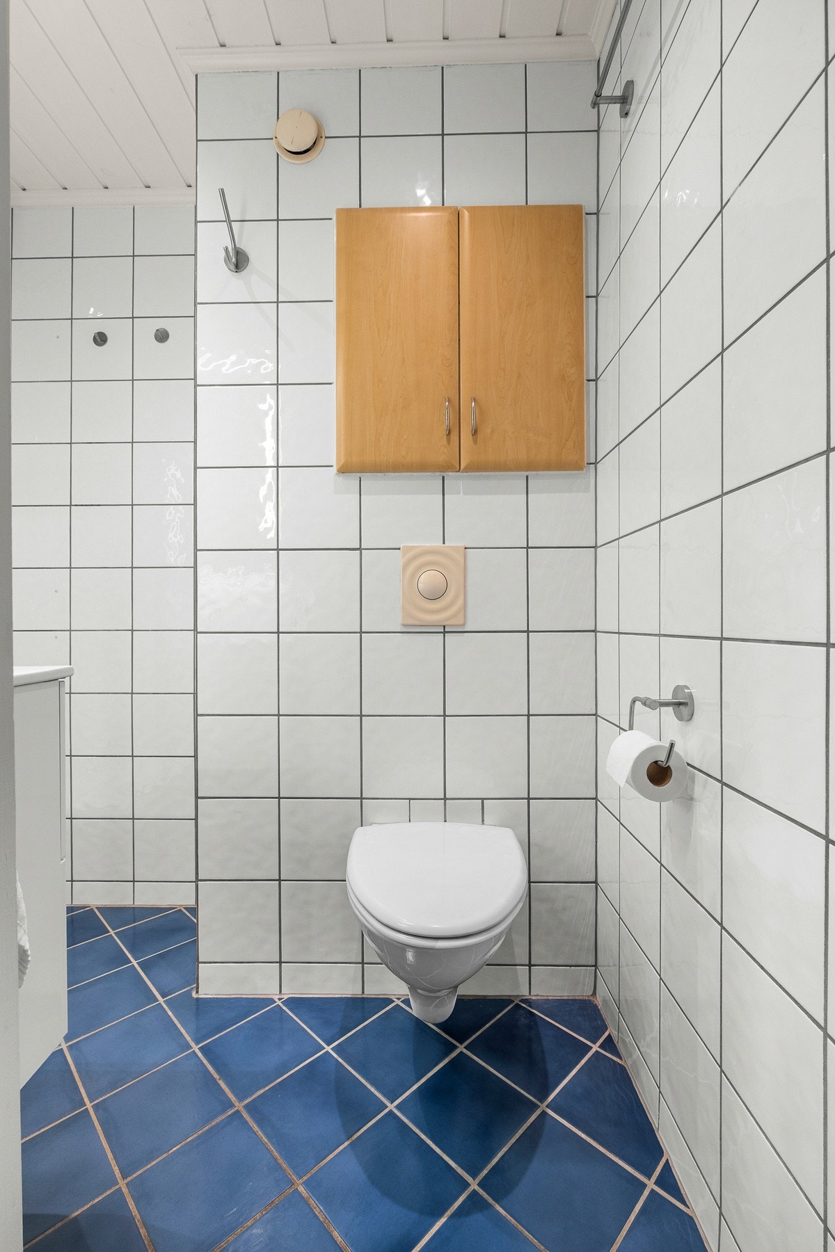 Badet er innredet med veggmontert toalett, servantinnredning og dusjkabinett Galleribilde