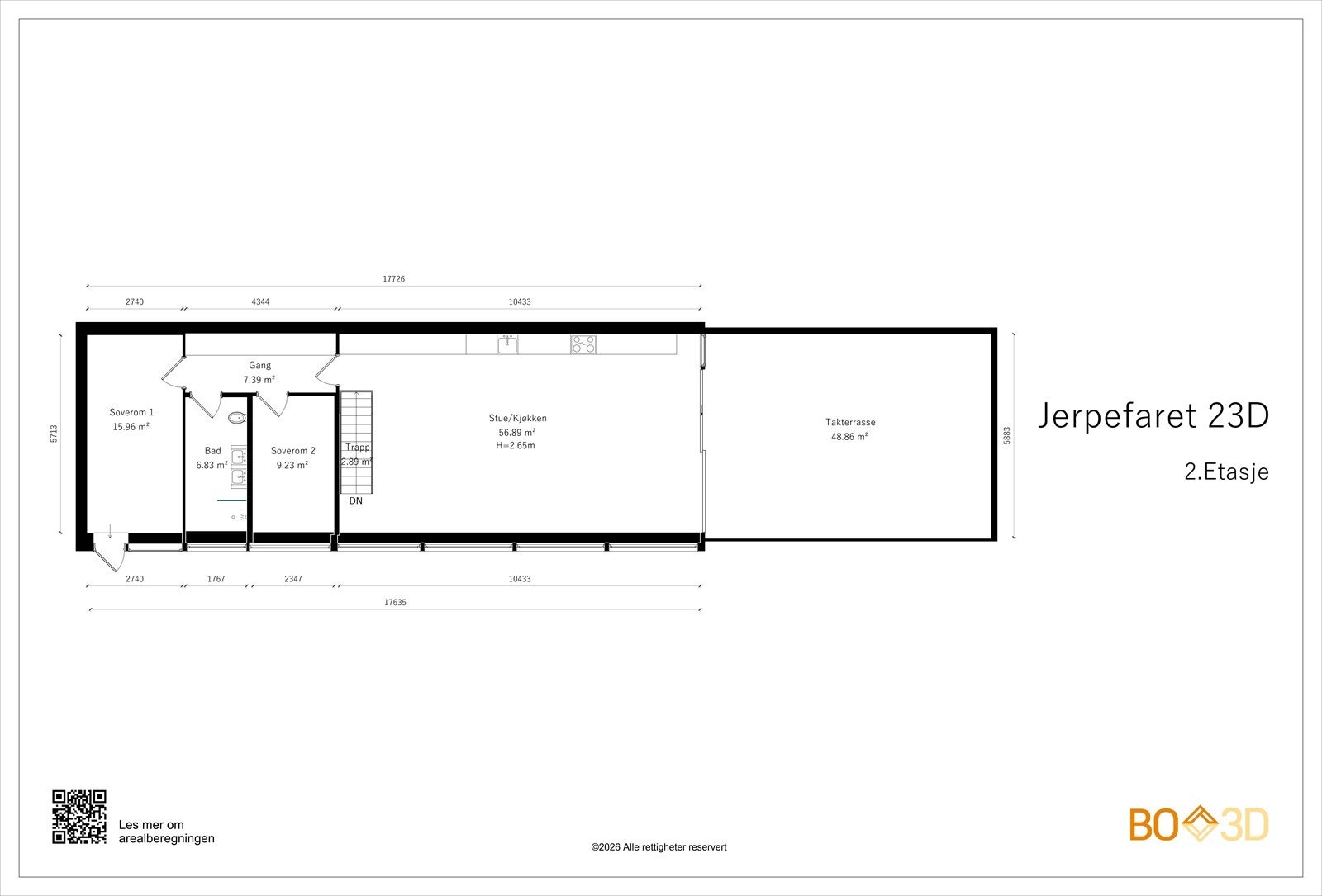 2. etasje, BRA-i 102 m²: Kjøkken, stue med trapp, bad/wc, gang og 2 soverom. I tillegg stor terrasse på ca. 49 m² (TBA) Galleribilde