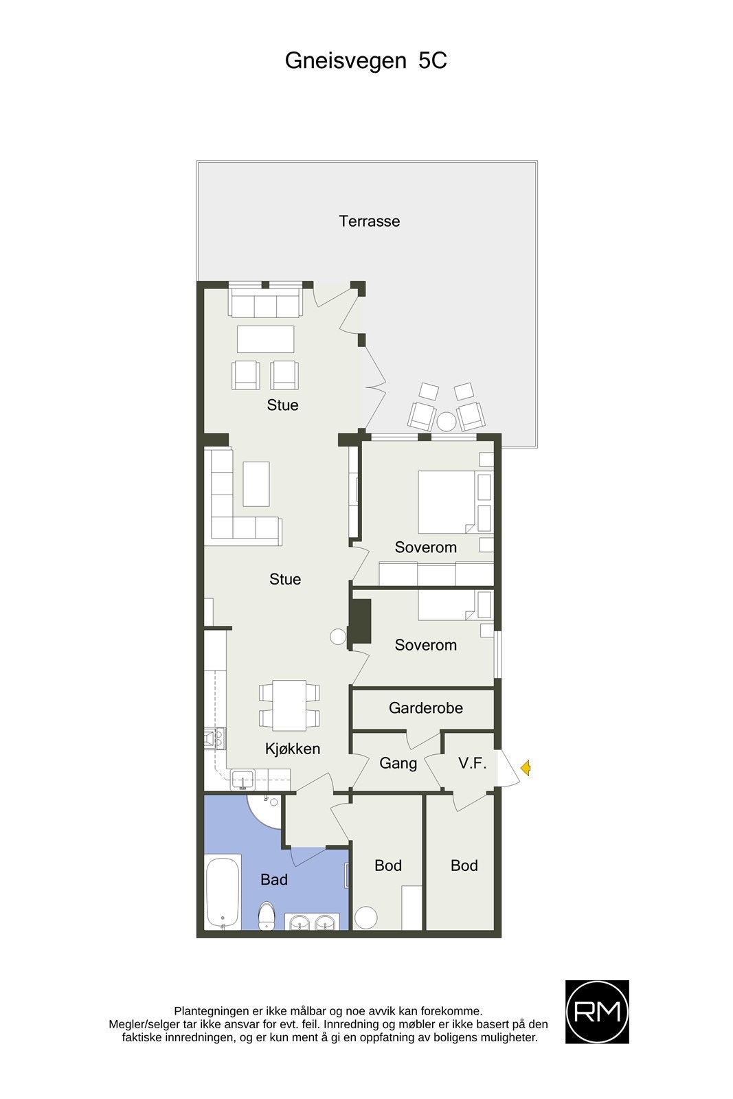Plantegning ( boden nederst til høyre på bilde hører ikke til denne seksjonen). Rommet markert garderobe er bod nr 2 i rombetegnelsen. Galleribilde