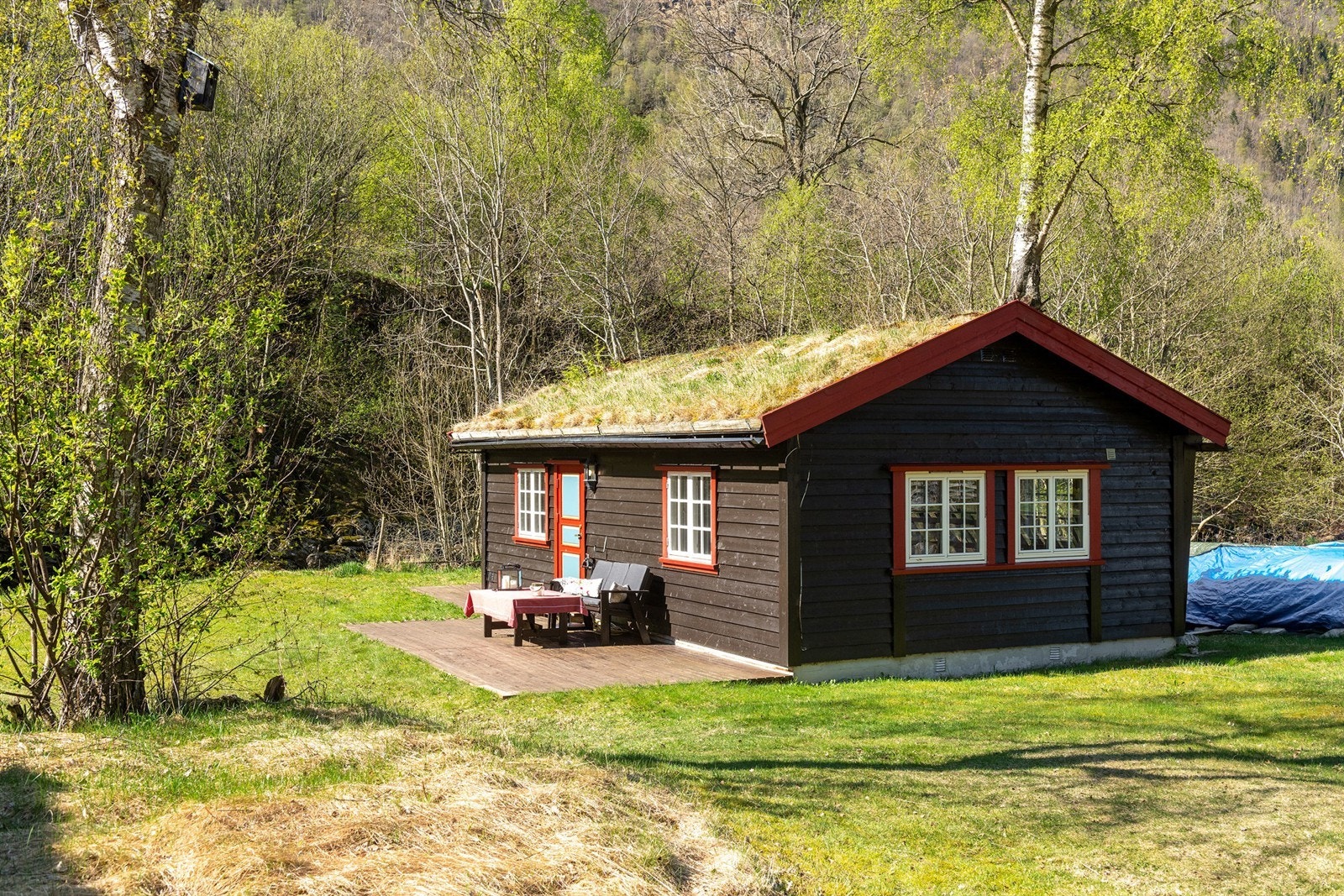 Hytta fra 2003 er den nyeste av boenhetene, med egen terrasse og torvtak. Galleribilde