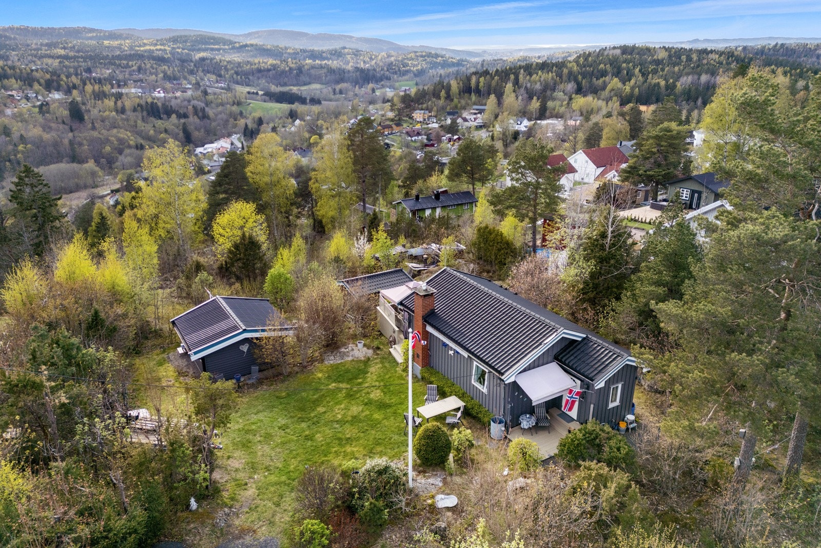 Høydefoto sett fra øst mot vest, hytta til høyre og anneks med soverom til venstre. Galleribilde