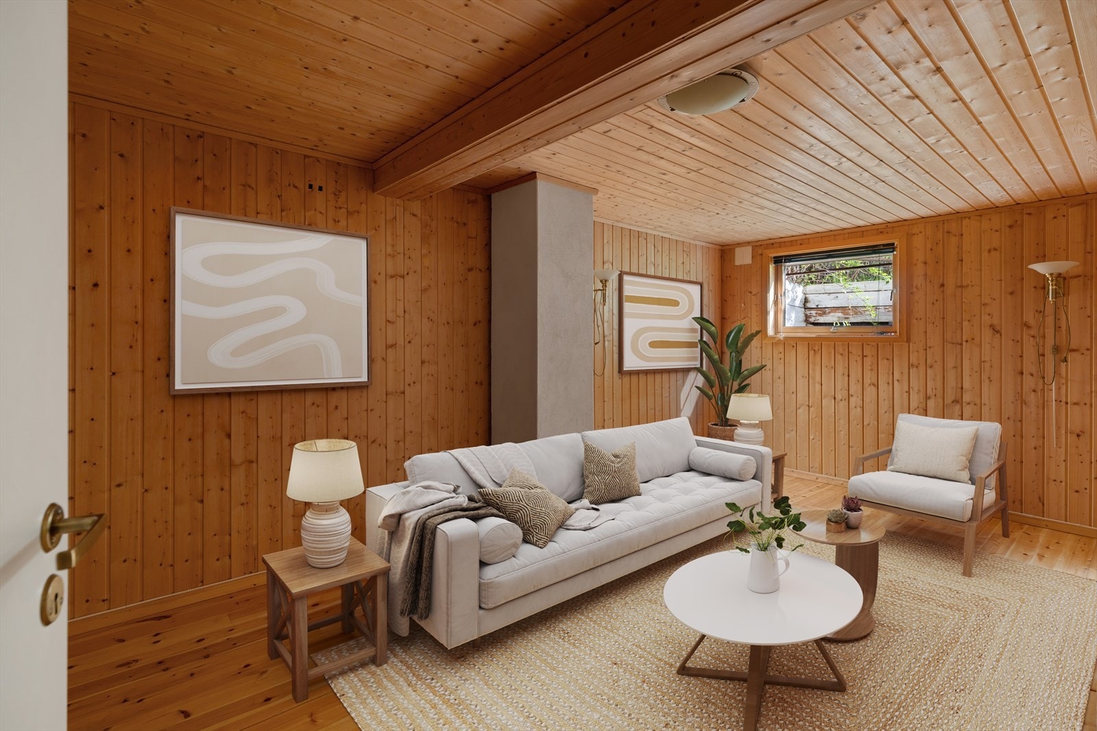 I kjeller er det 2 boder, gang, vaskerom og et rom benyttet som kjellerstue og/eller soverom - Det bemerkes at vindu i kjellerrom for varig opphold ikke tilfredsstiller kravet til rømning og må utbedres og søkes for godkjenning Galleribilde
