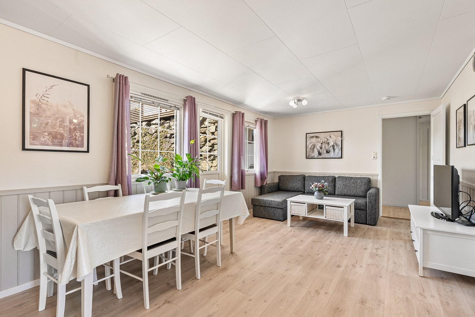 Det er plass til både sofagruppe og spisebord i leilighetens stue. Galleribilde