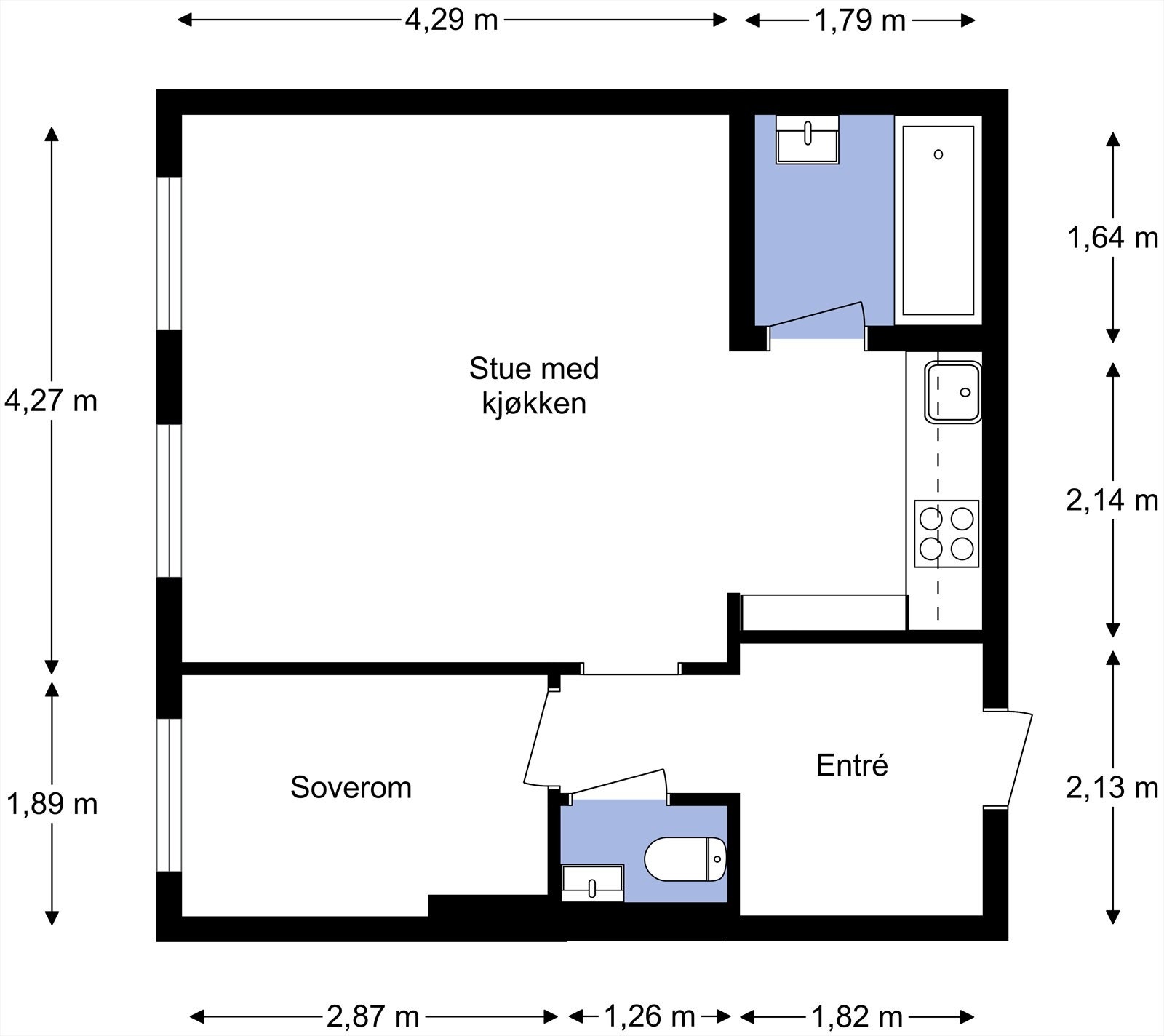 Leiligheten inneholder entré, bad, toalettrom, soverom og stue/kjøkken. Bod på leilighetsplan. Galleribilde