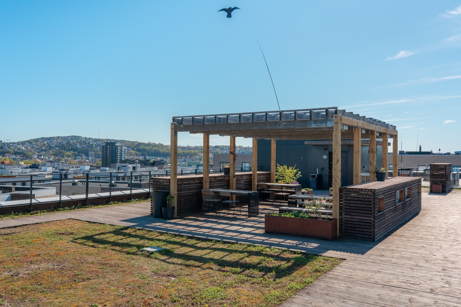 Felles takterrasse med flere sittegrupper og pergolaer til felles bruk. Galleribilde