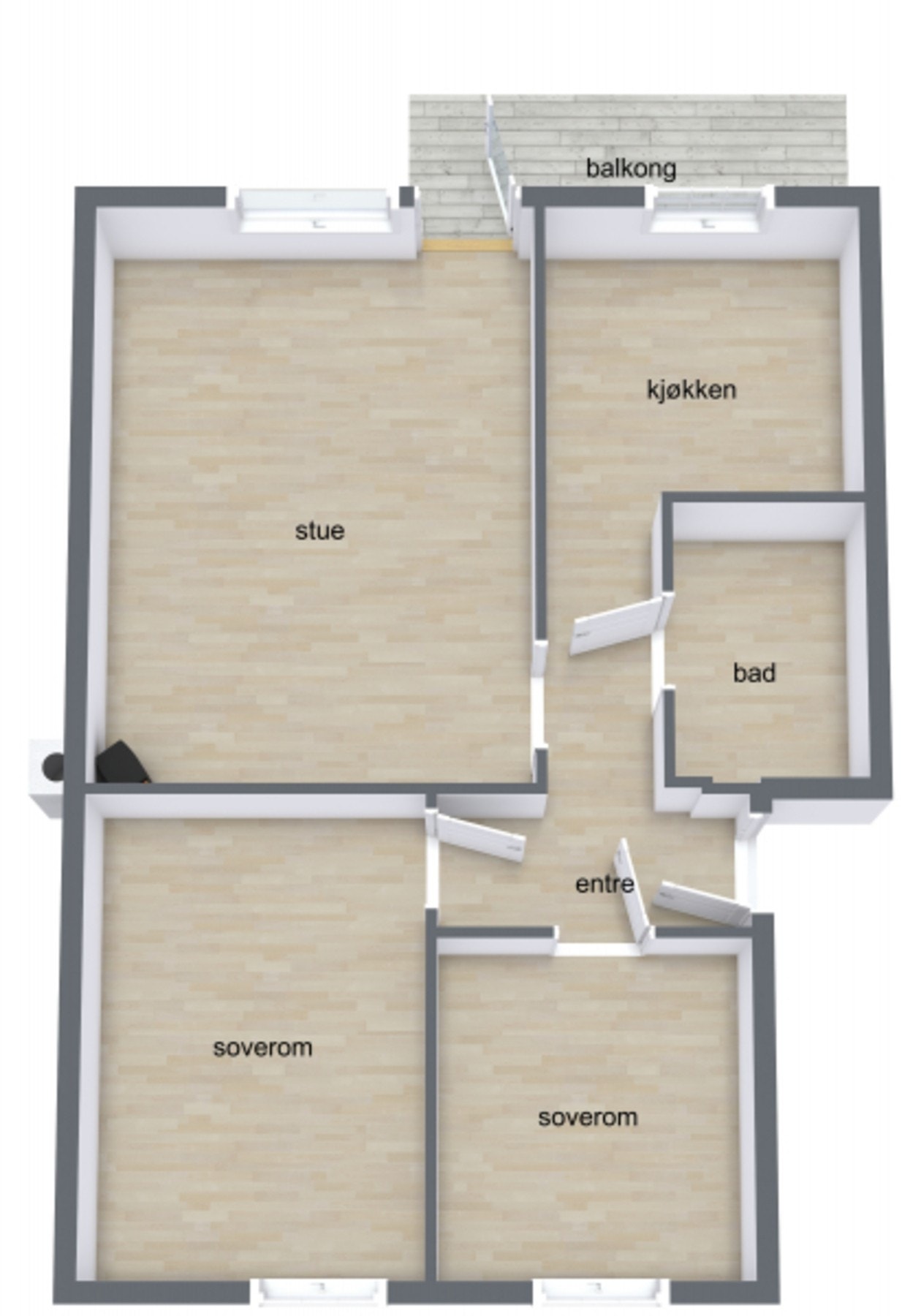 Leiligheten ligger i 2.etg. og byr på hall, stue, kjøkken, bad og to soverom. Galleribilde