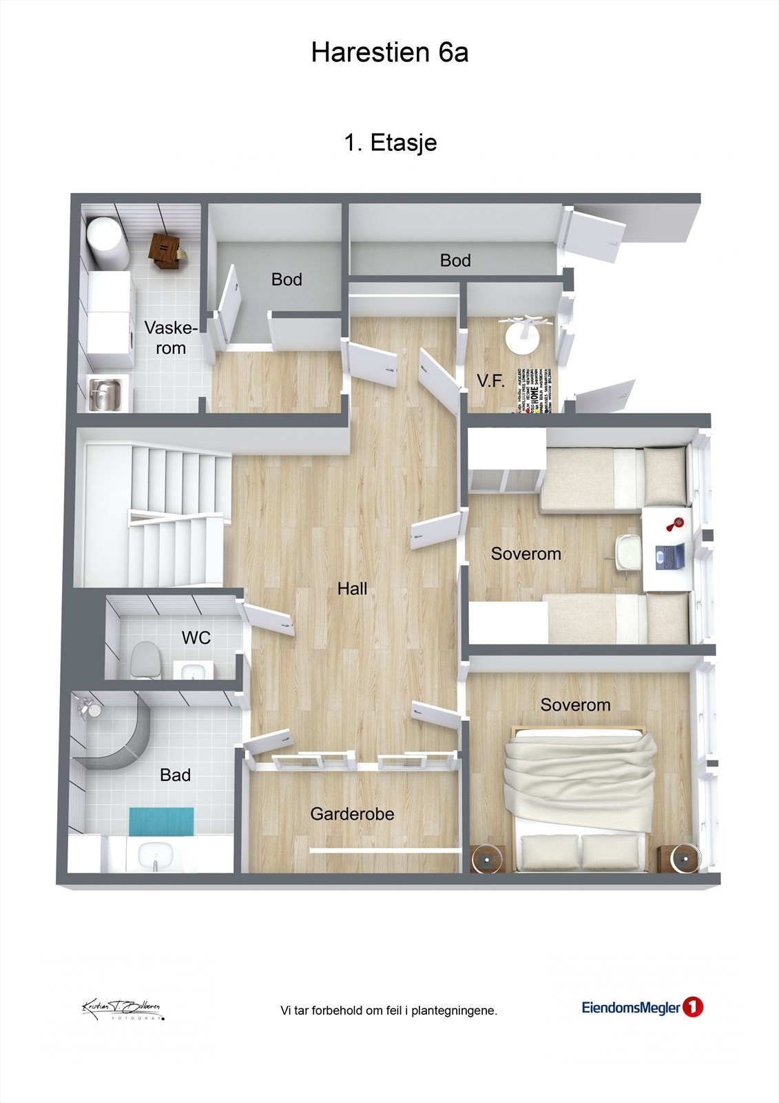 1. etasje består av vindfang, entré med garderobe, 2 soverom, bad, wc, boder og vaskerom. Galleribilde