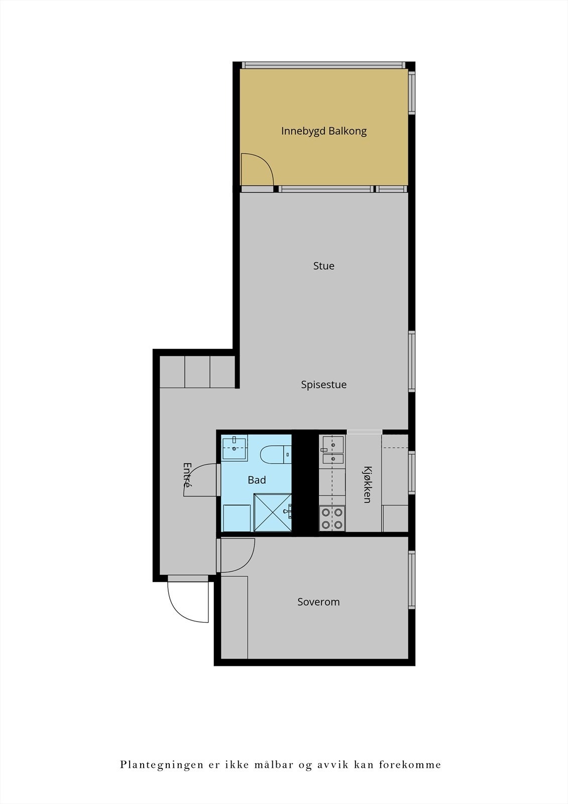 En arealeffektiv planløsning fordeler arealet på 49 m² over entré, bad, soverom, kjøkken og stue. Galleribilde