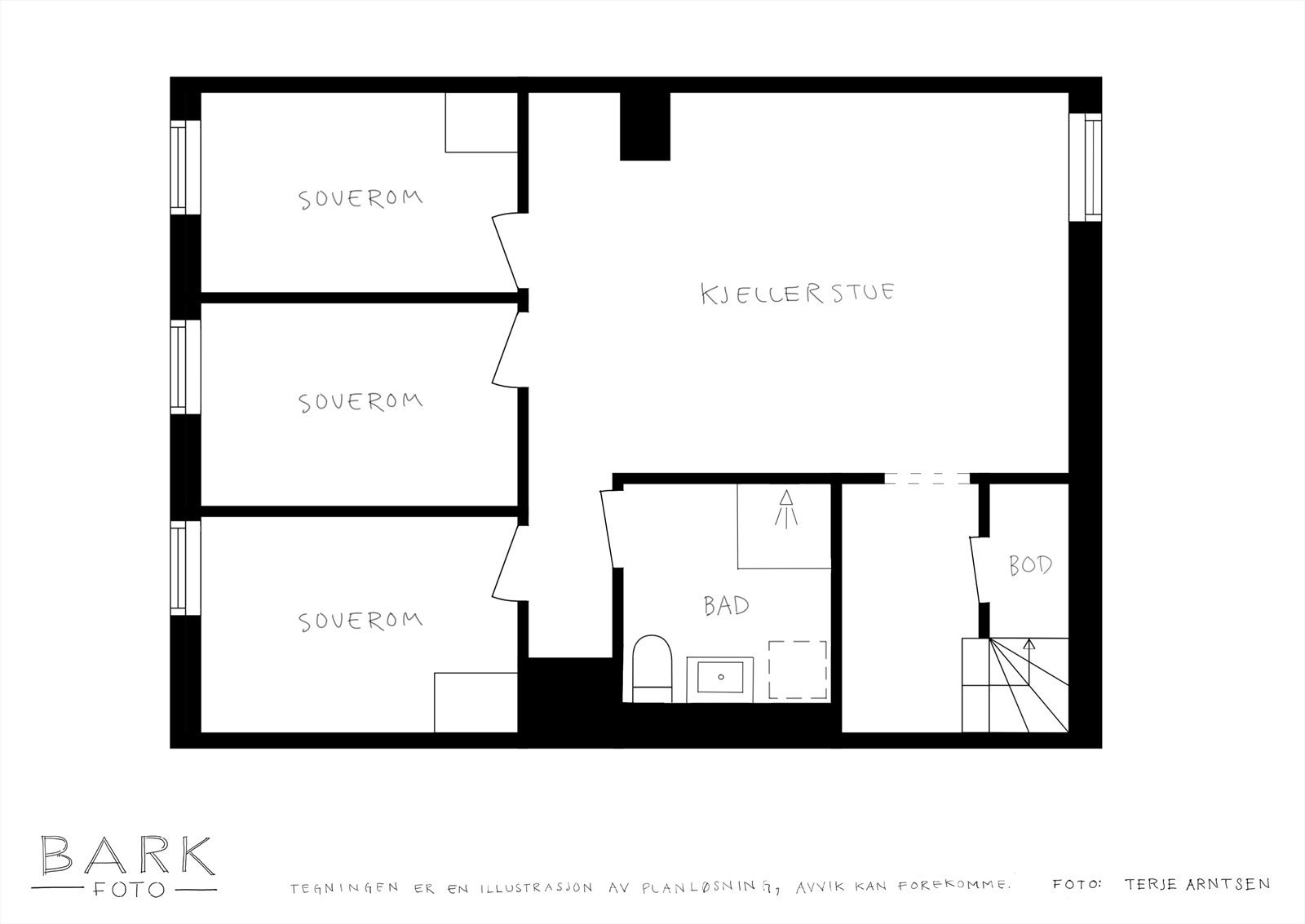 Nedre plan med 3 soverom, bad og stue. Laget opplegg for montering av kjøkkeninnredning i vegg i kjellerstue. Galleribilde