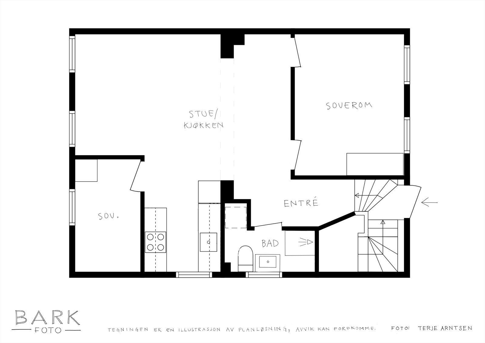 Hovedplan med to stk. soverom, bad og stue/kjøkken. Galleribilde