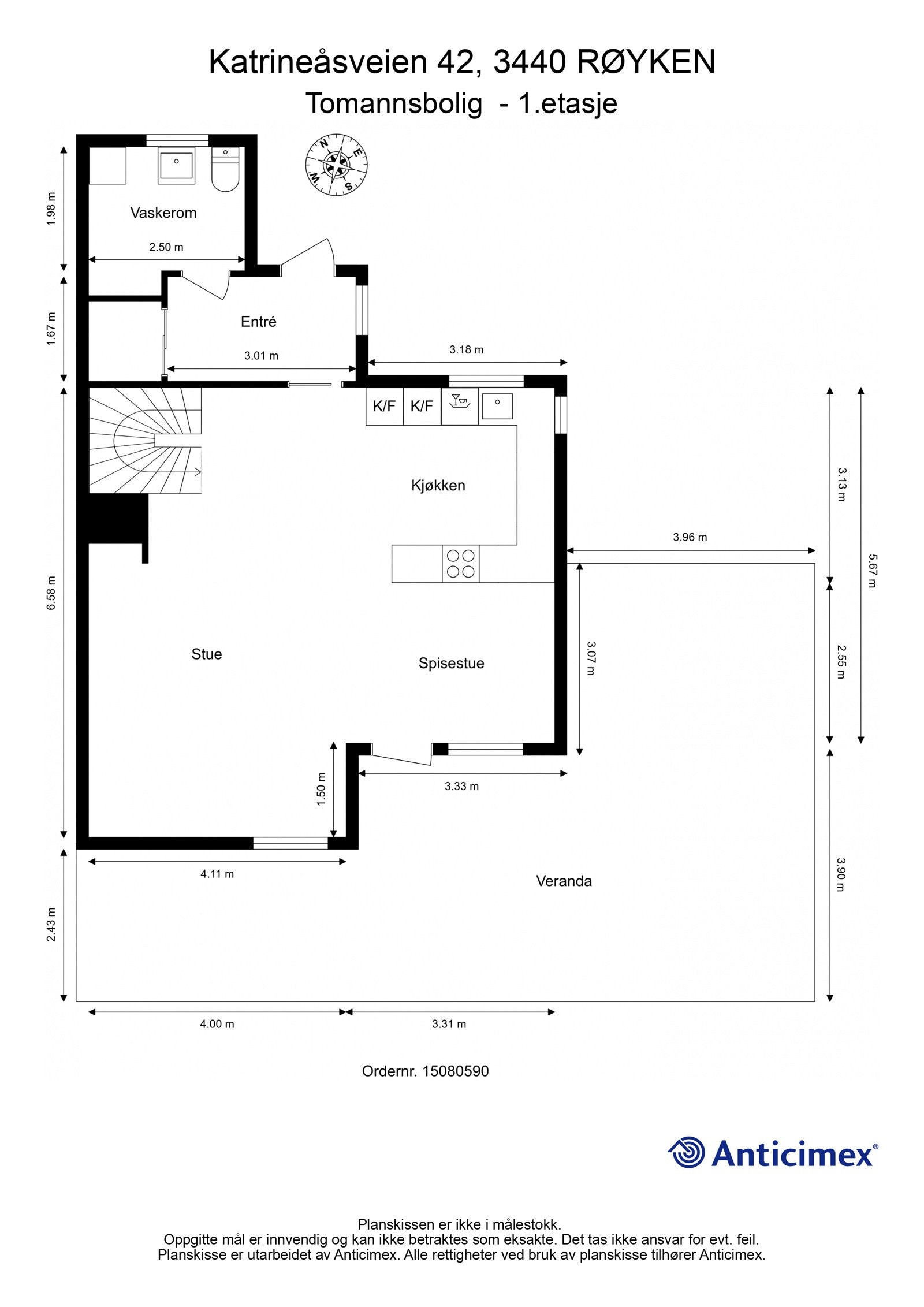 Plantegning - 1. etasje (entré, vaskerom, kjøkken, stue/spisestue og terrasse). Galleribilde