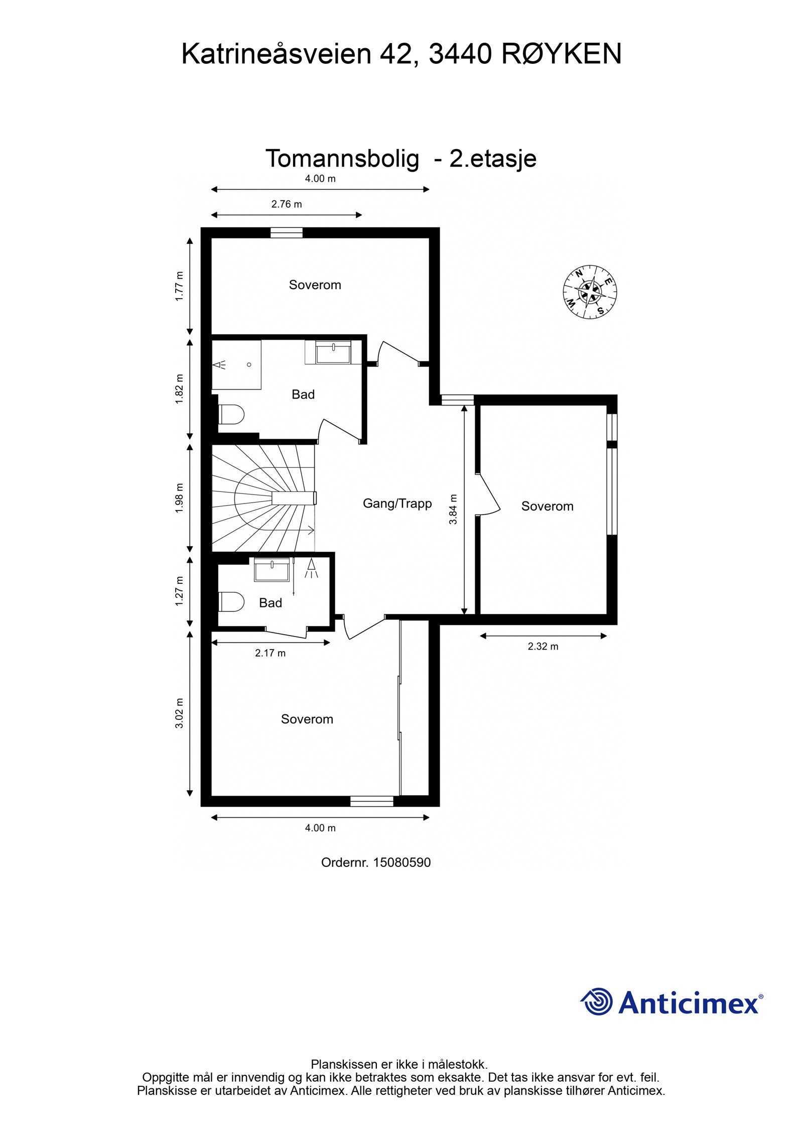 Plantegning - 2. etasje (tre soverom, to bad og gang/trapp). Galleribilde