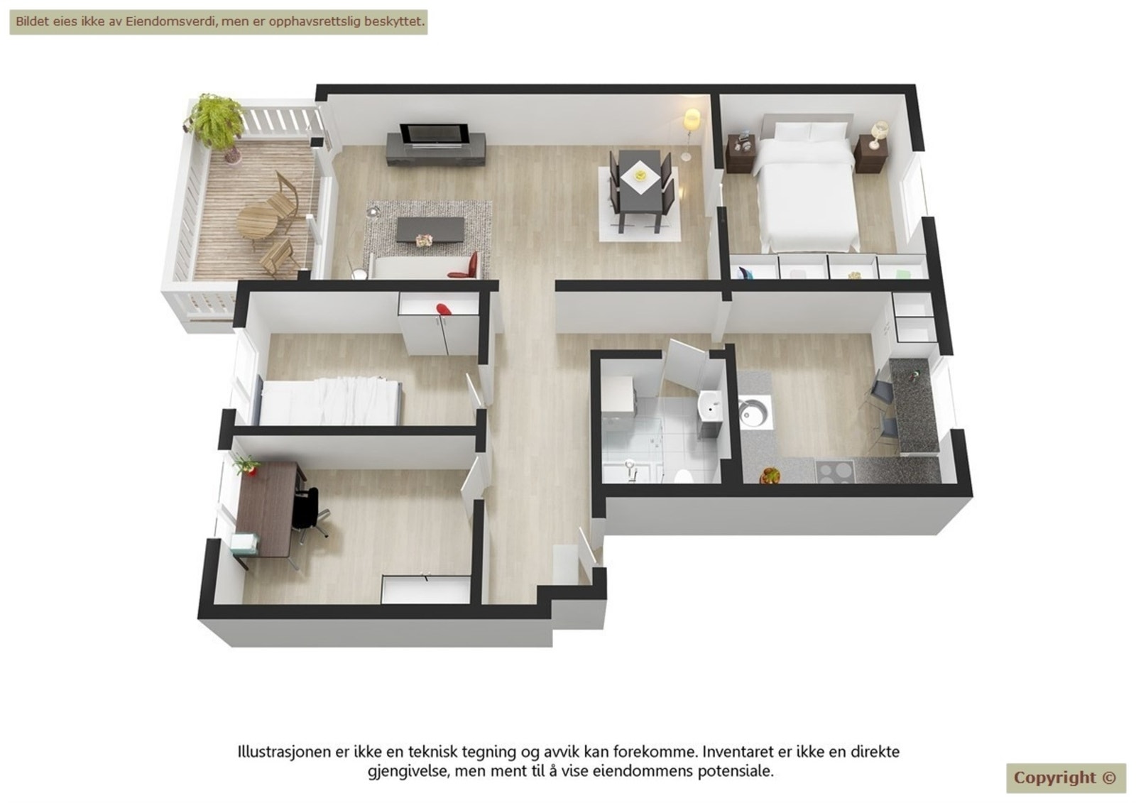 Plantegning. Leiligheten disponerer kjellerbod på 3,6 m2 og loftsbod med gulvareal på ca. 9 m2. Galleribilde