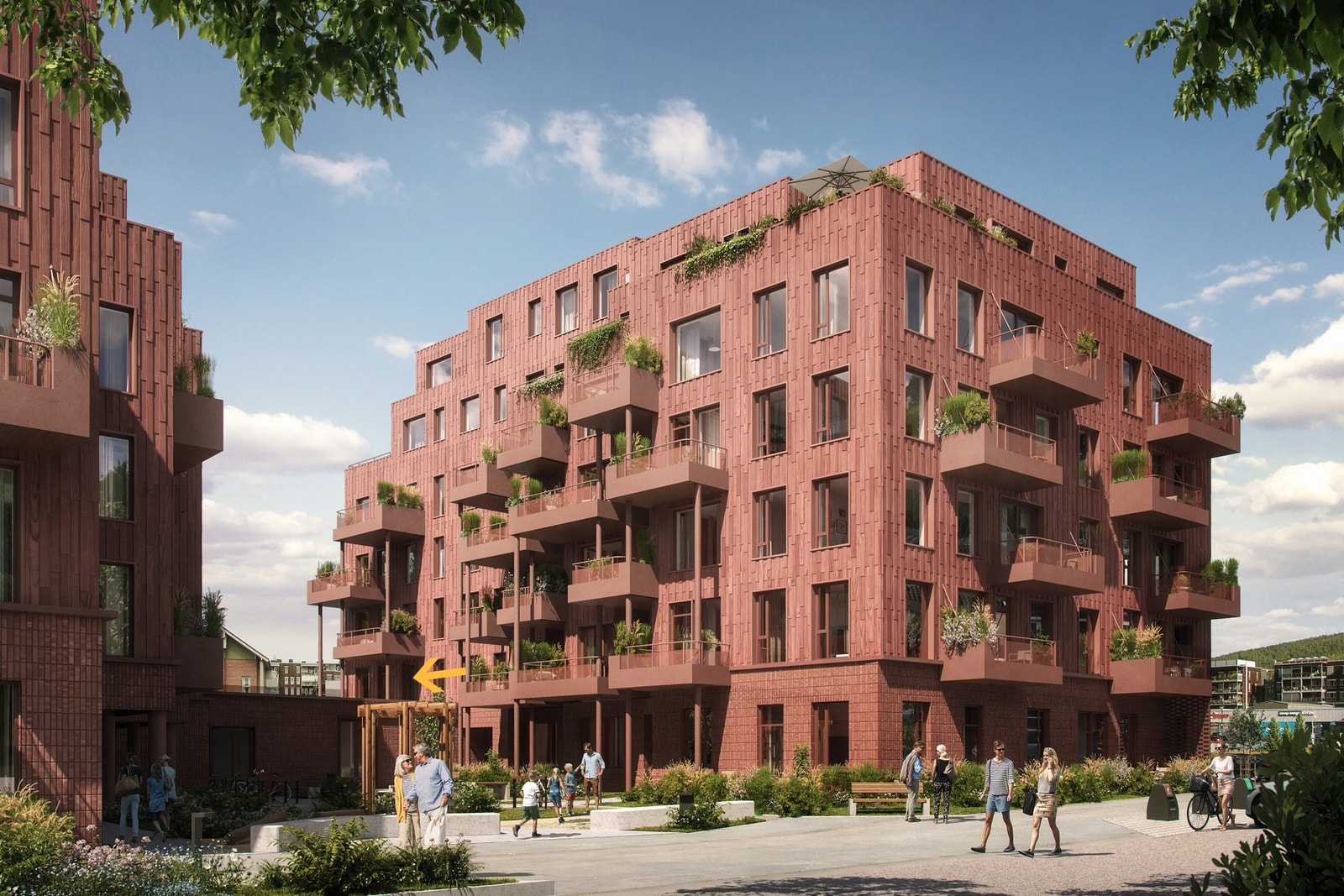 Utomhusarealet opparbeides med beplantning, sykkelparkering, oppholdssoner med bord og benker, drivhus, lekeapparater og gangareal med fast dekke. Galleribilde