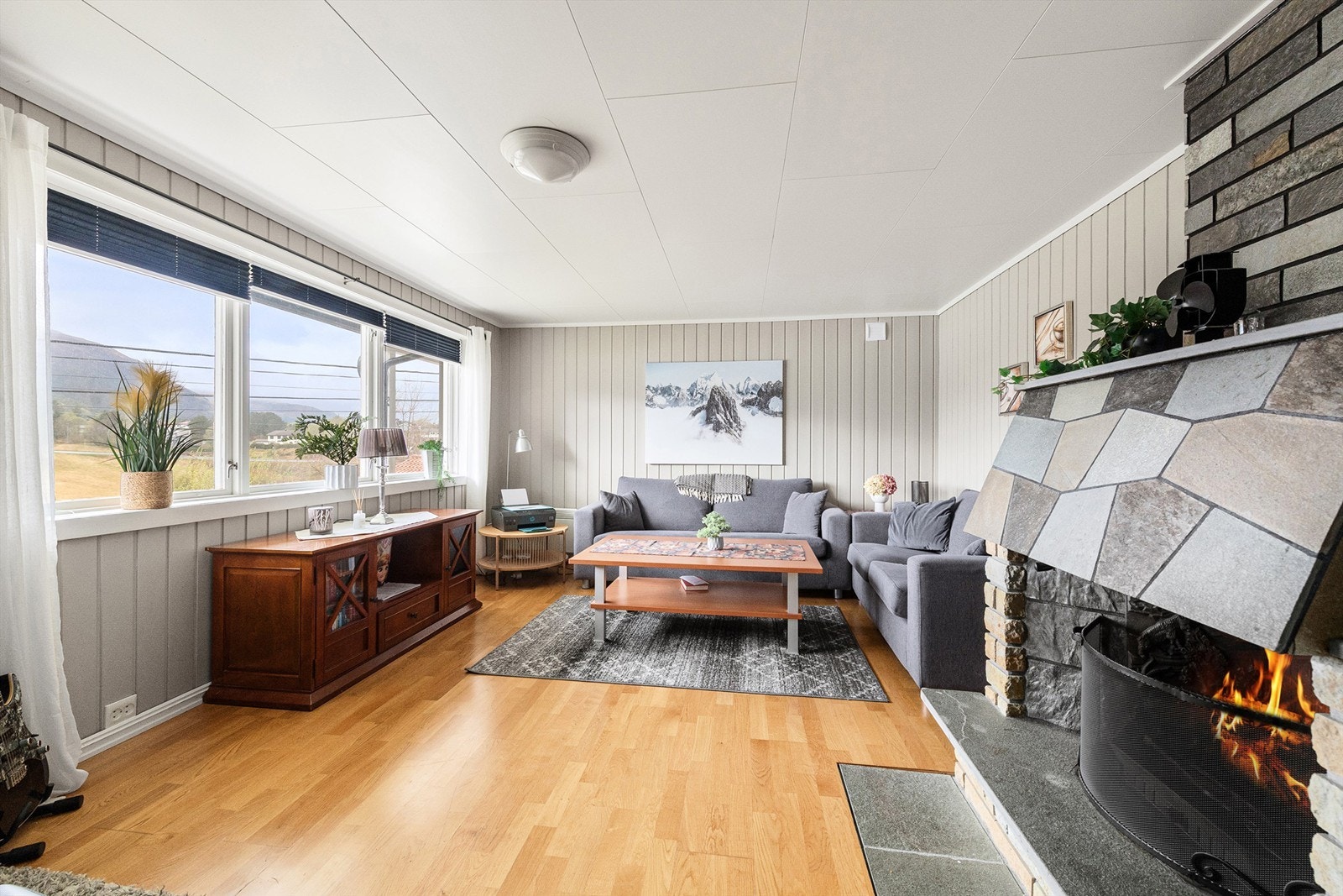 Den andre stuen i underetasjen er på 22 kvm og har en hyggelig åpen peis. Galleribilde
