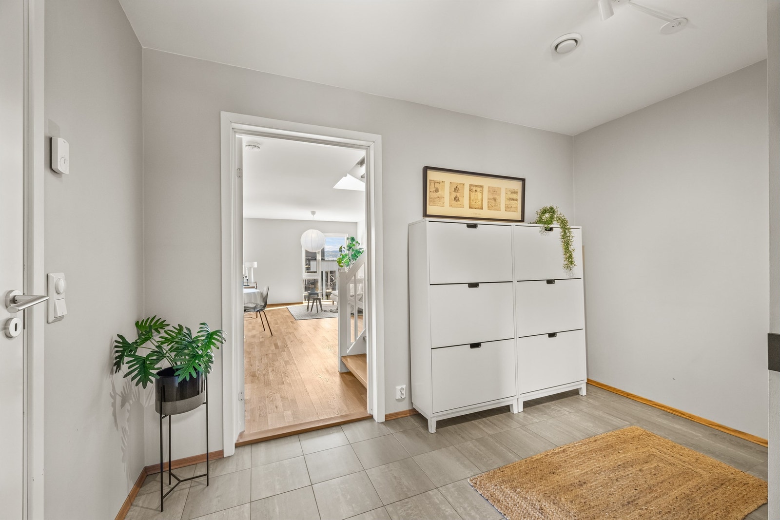 Fra entréen leder en dør med glassfelt inn til stuen og kjøkkenet. Galleribilde