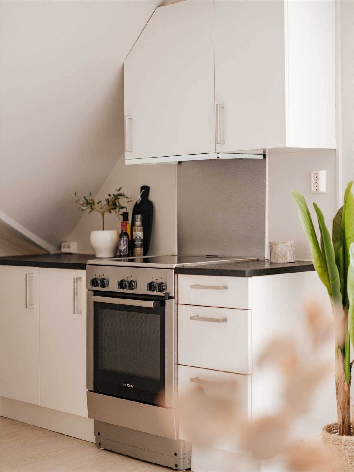 Det er hvitevarer som komfyr, platetopp, oppvaskmaskin og kombinert kjøle-/fryseskap. Galleribilde