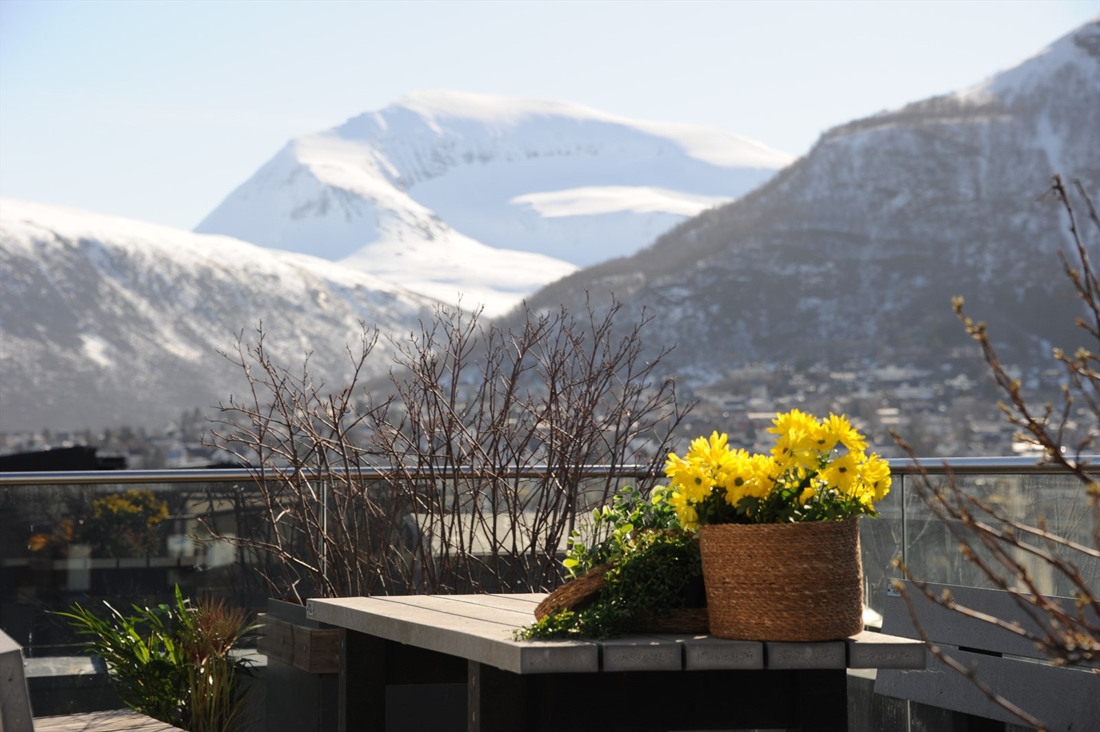 Fra takterrassen kan du nyte utsikten mot fjellene rundt Tromsø, Tromsøysundet og fastlandet. Galleribilde