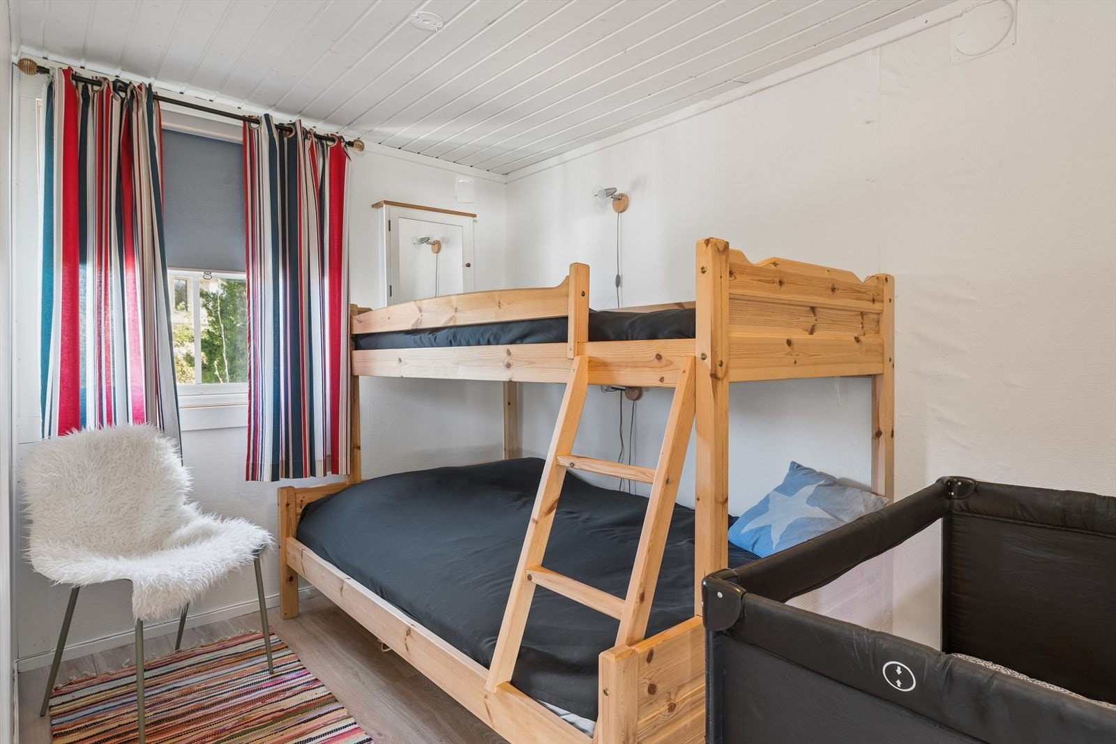 Soverommene har gjennomgående overflater med malt panel og laminat- eller furugulv. Galleribilde