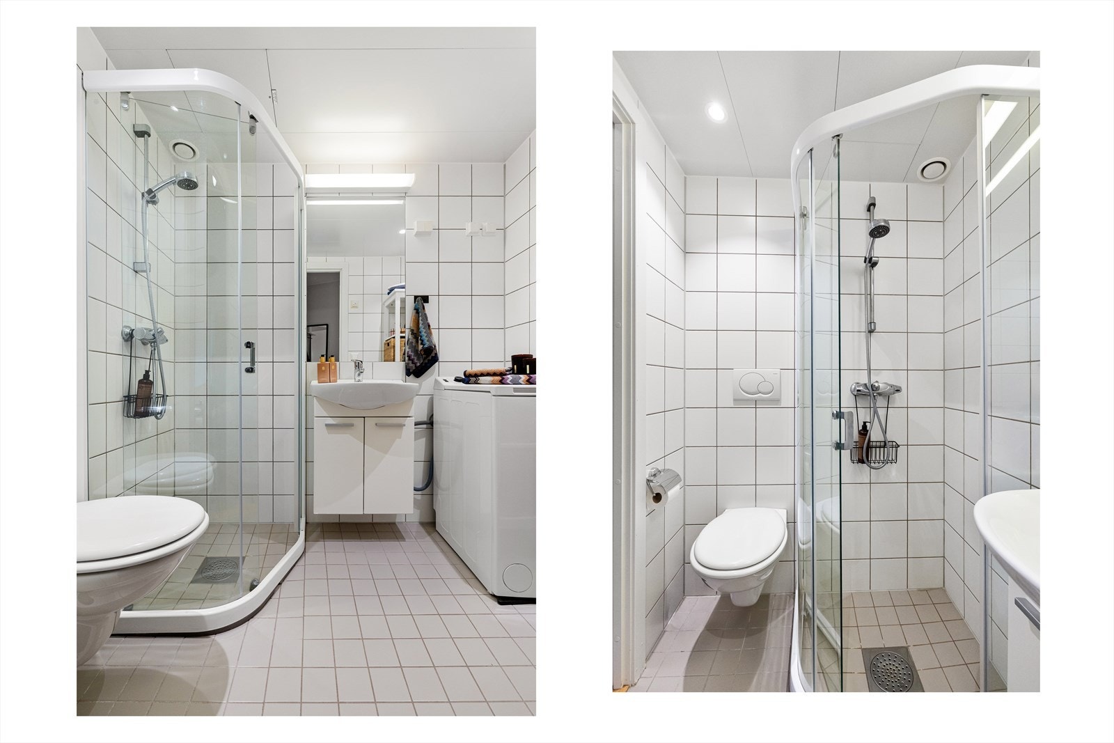 Badet har flislagte overflater, gulvvarme og downlights i himling. Rommet er utstyrt med veggmontert toalett, dusjhjørne og baderomsinnredning med skap, servant med ettgreps blandebatteri og speil. Det er opplegg for vaskemaskin og mekanisk ventilasjon. Galleribilde